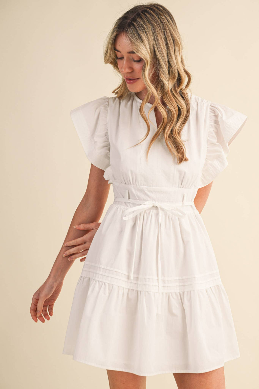 EMBROIDERED SEAM PIN TUCK DETAIL MINI DRESS