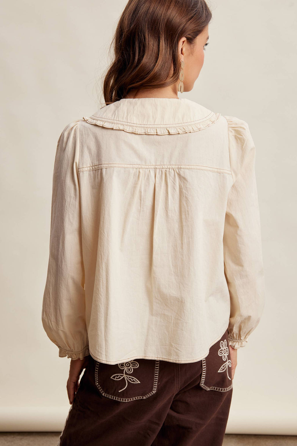 Contrast Stitch Ruffle Collar Cotton Blouse