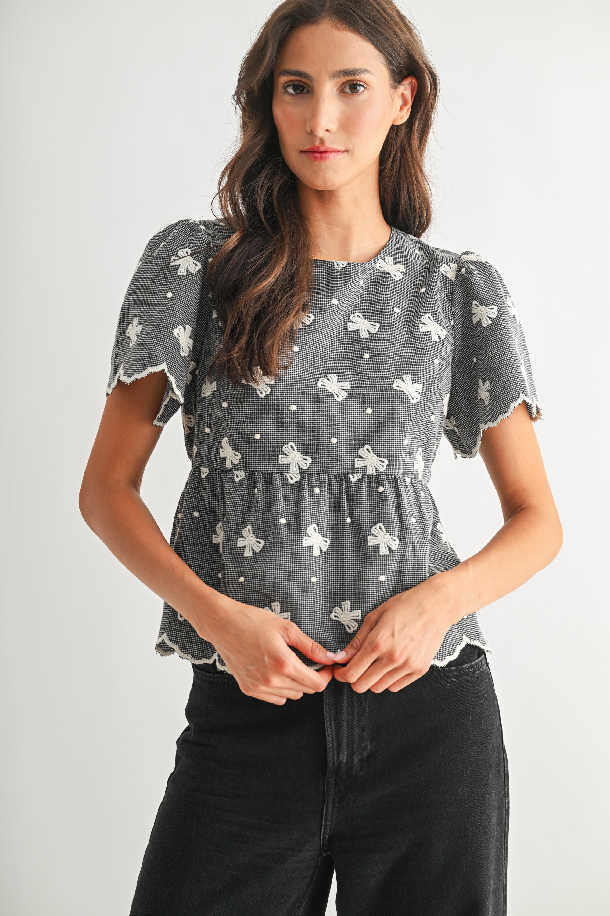 Embroidered Bow Puff Sleeve Top