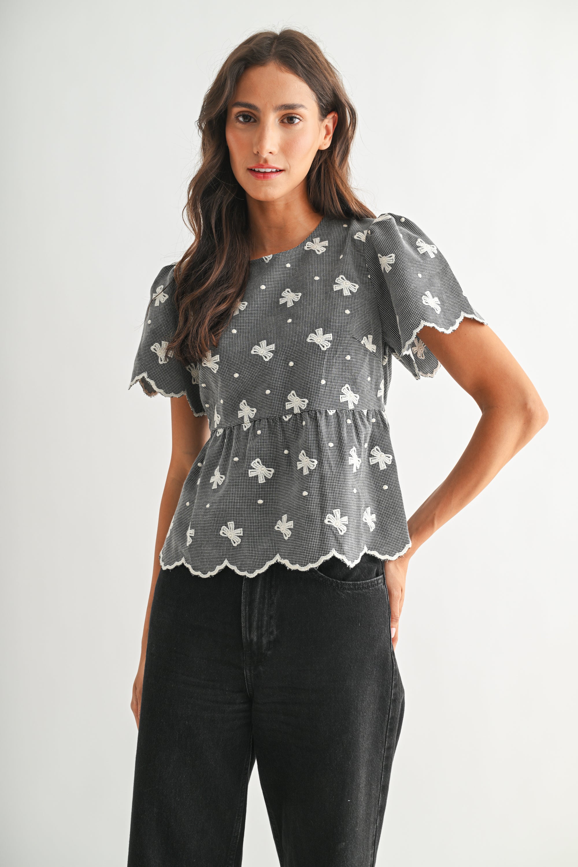 Embroidered Bow Puff Sleeve Top