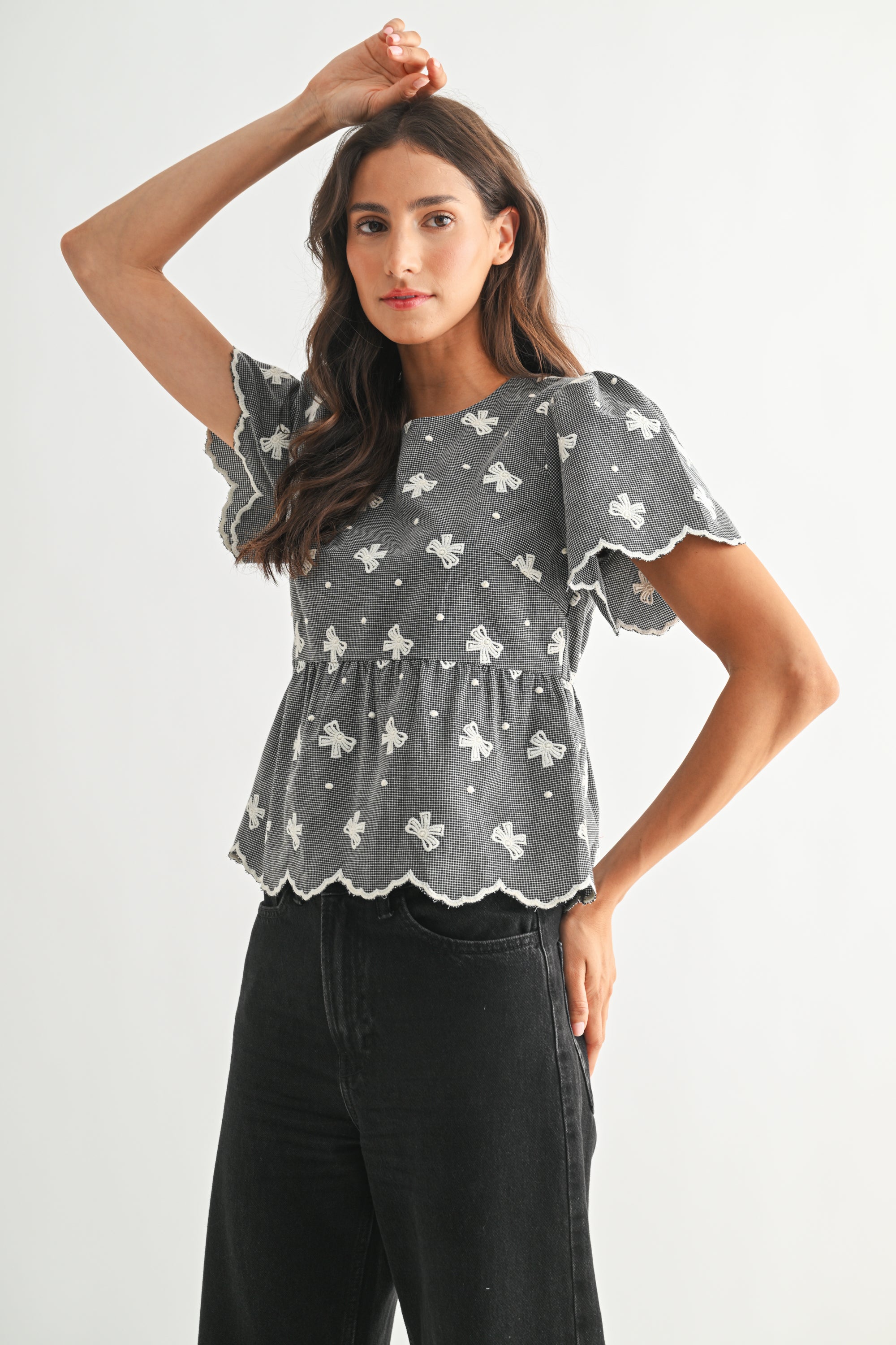 Embroidered Bow Puff Sleeve Top