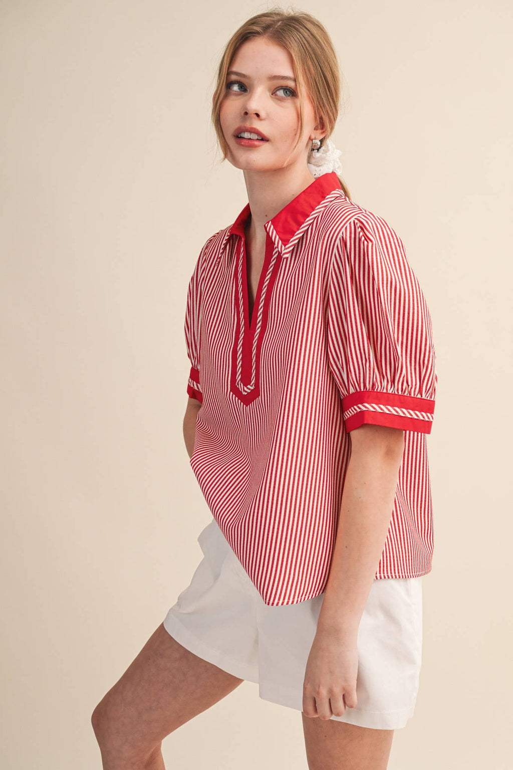 STRIPED CONTRAST BINDING COLLARED TOP
