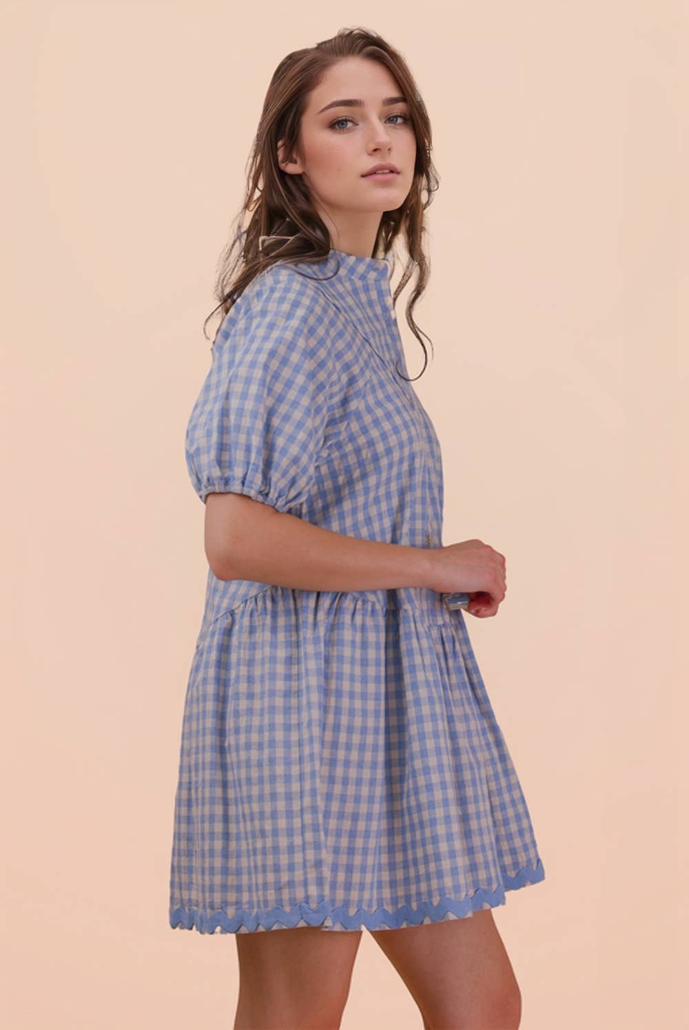 ND32032-Checkered Half Button Down Mini Dress