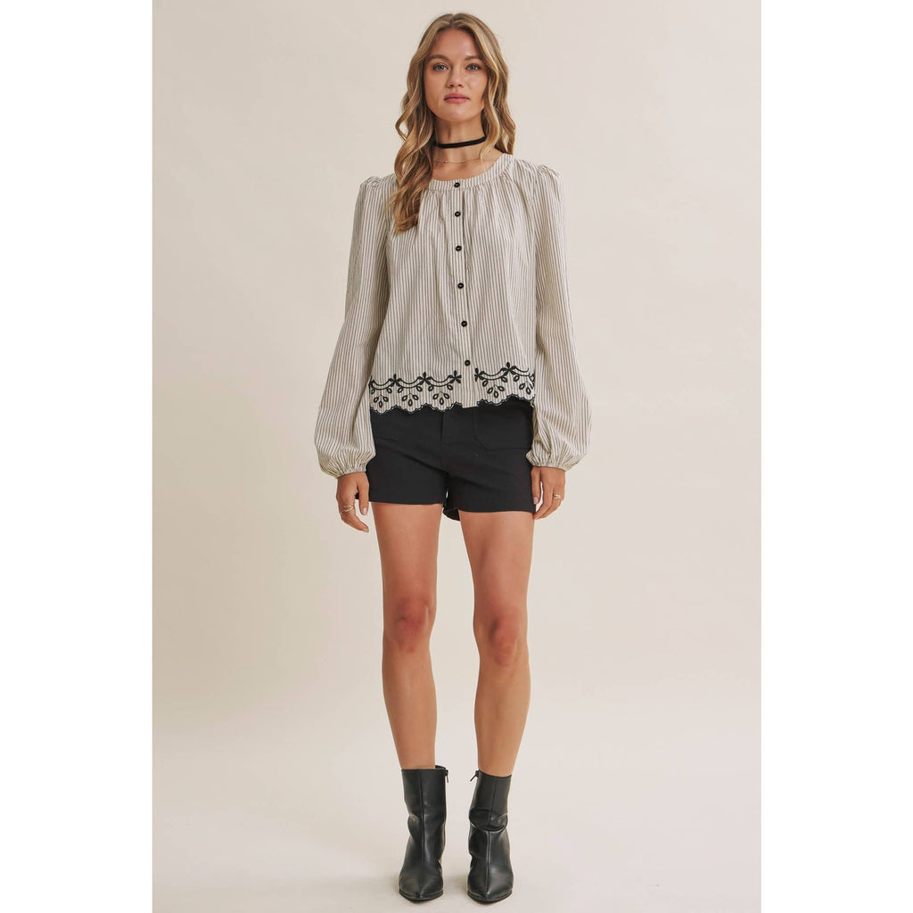 WORK TO WEEKEND CONTRAST EMBROIDERED COTTON STRIPE BLOUSE
