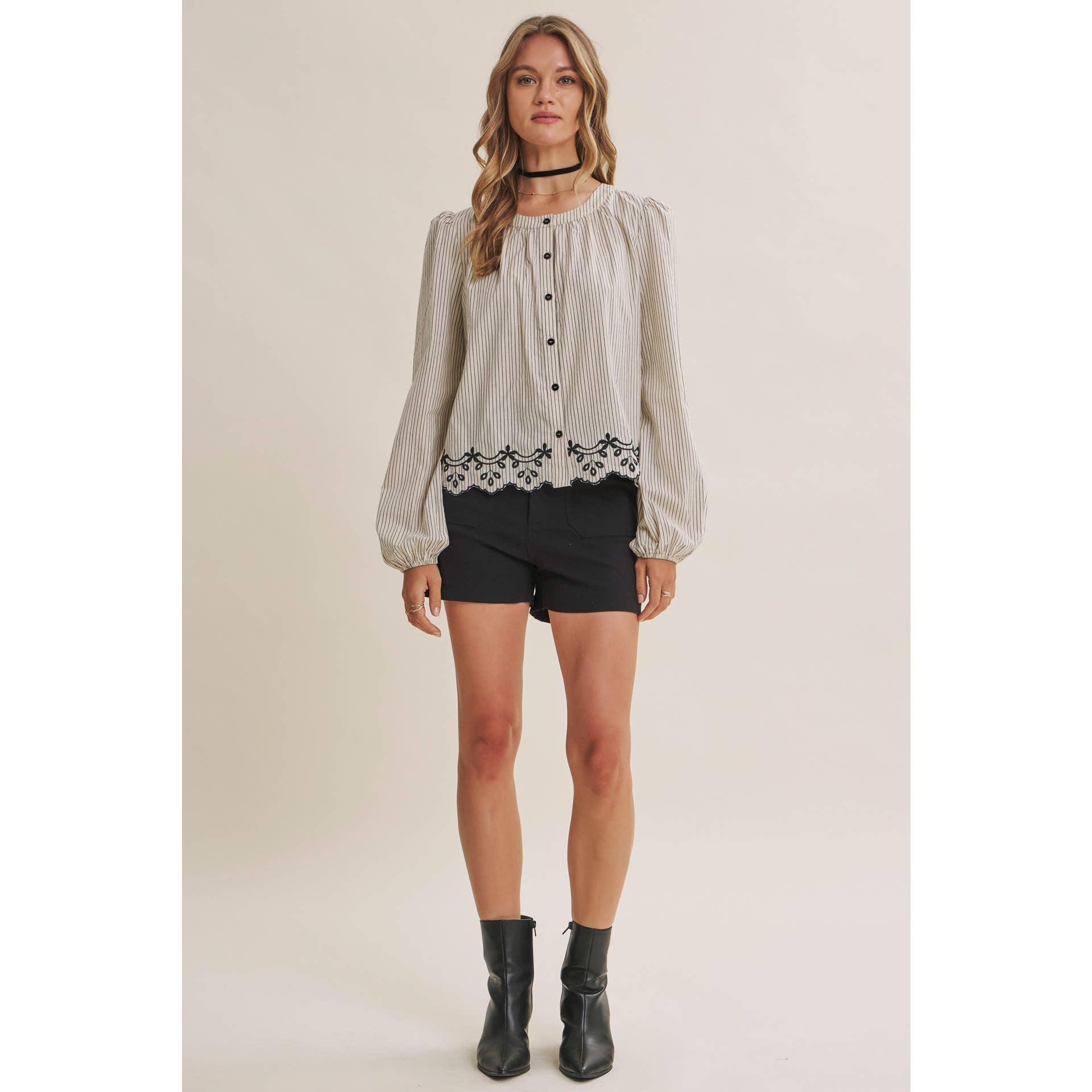 WORK TO WEEKEND CONTRAST EMBROIDERED COTTON STRIPE BLOUSE