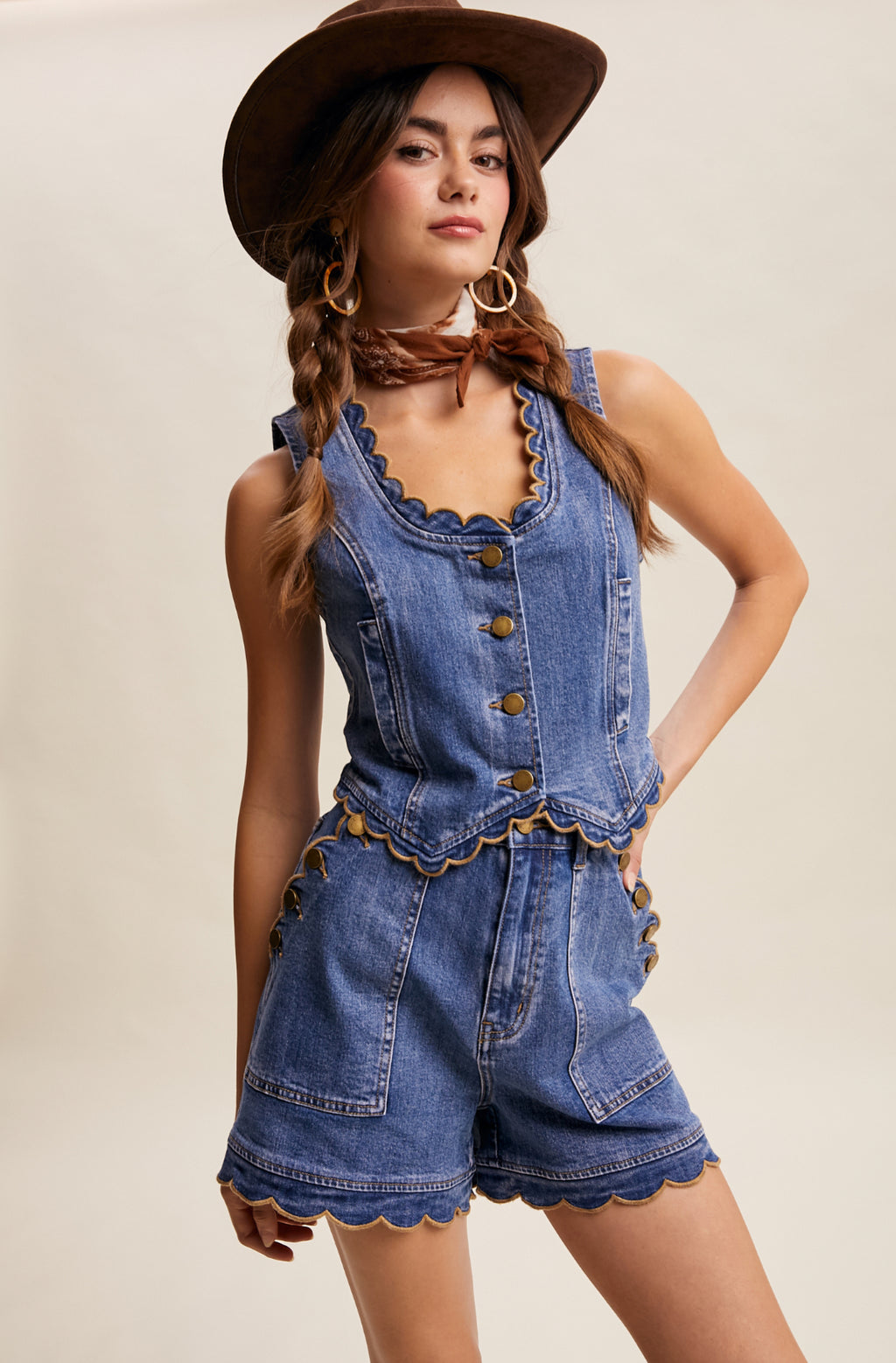 Scallop Button-Side Stretch Denim Shorts