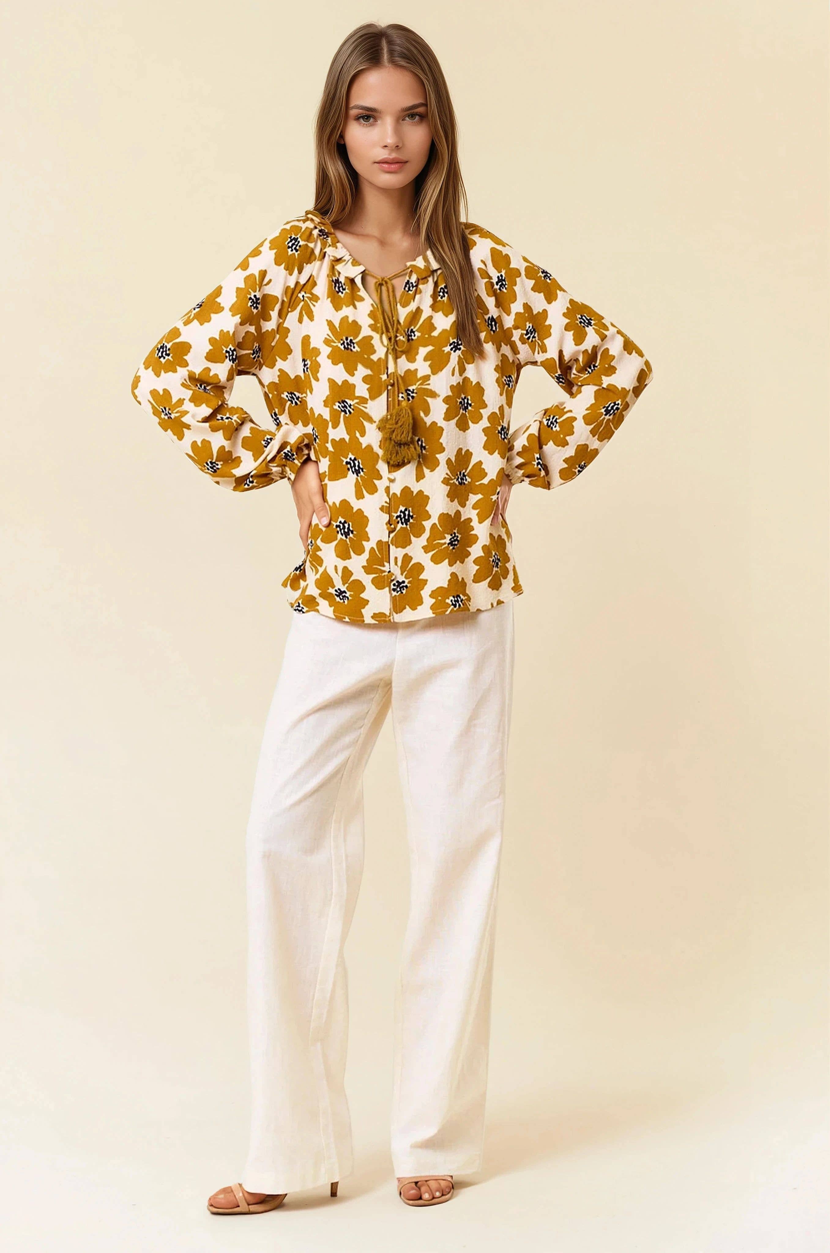 Floral Print Button Down Long Sleeve Blouse