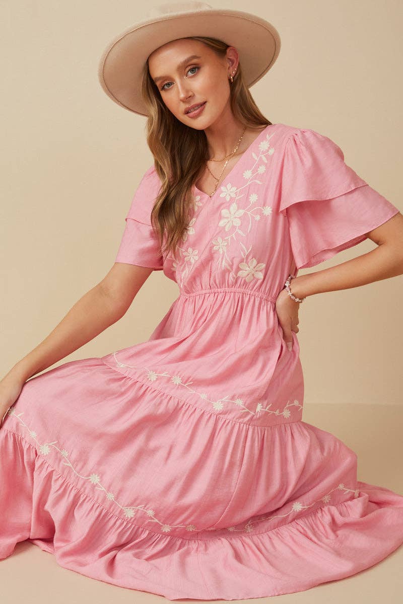 Womens Embroidered Ruffle Sleeve Tiered Dress