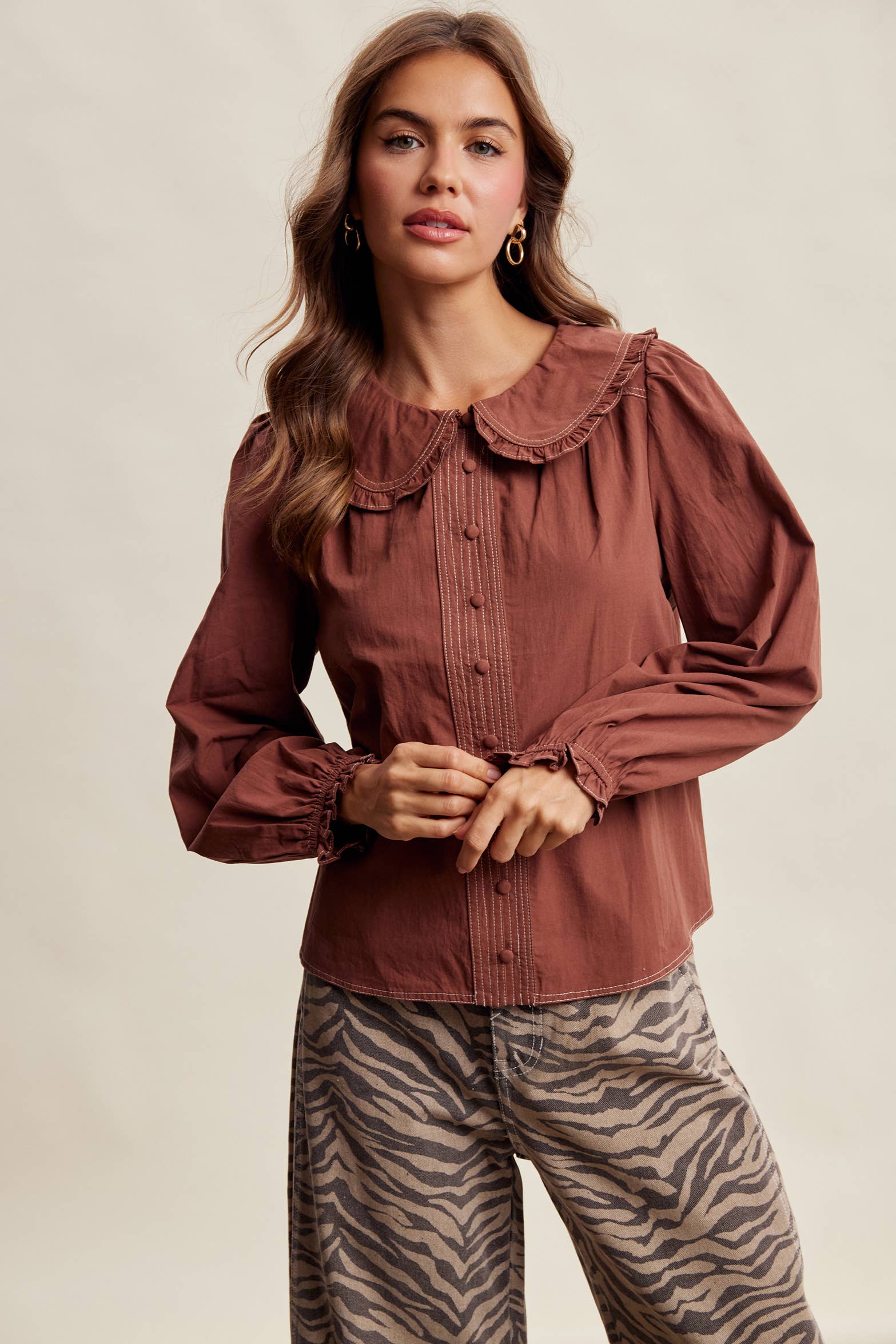 Contrast Stitch Ruffle Collar Cotton Blouse