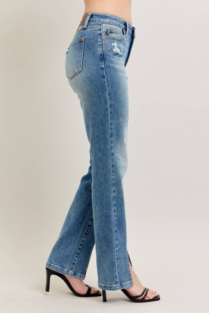 High Waisted Vintage Wash Front Seam & Slit Straight