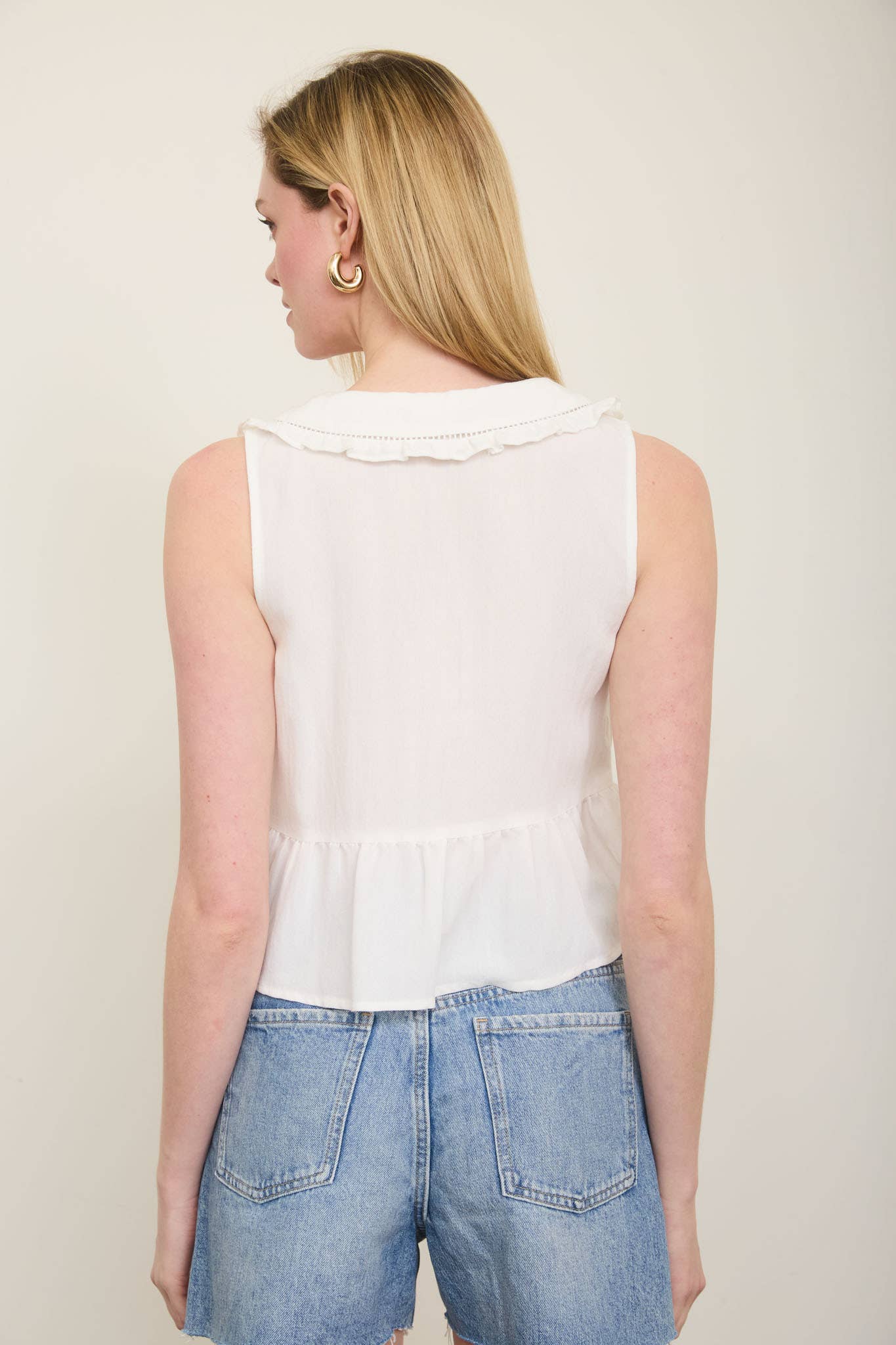 EMBROIDERED COLLARED RUFFLE TRIM BUTTON DOWN TOP