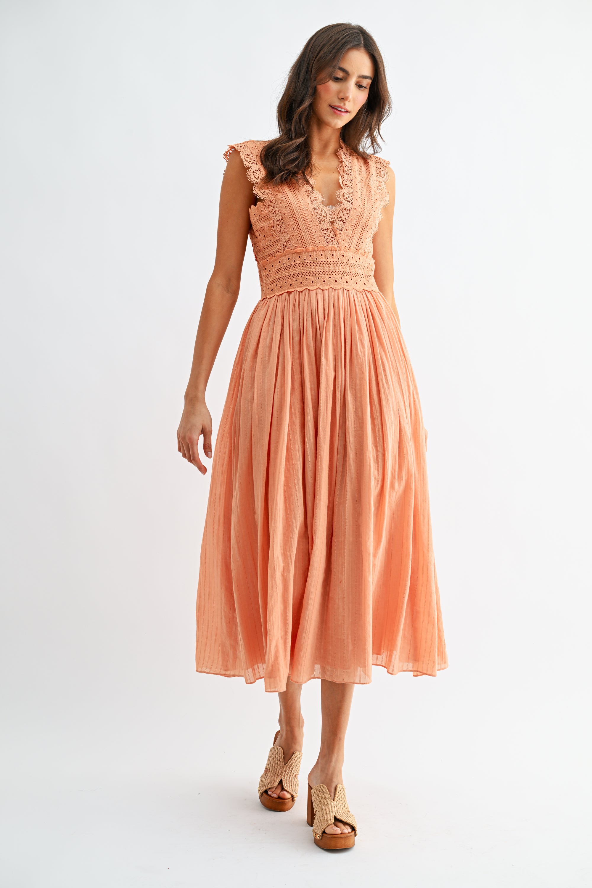 LACE V NECK EYELET DRESS