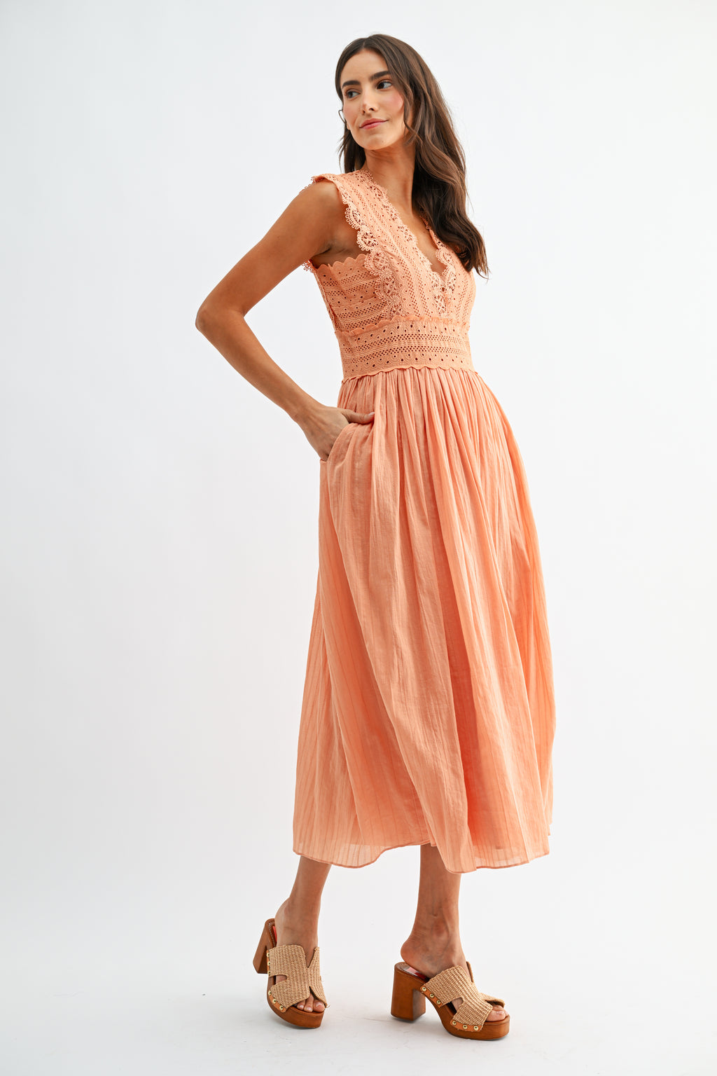 LACE V NECK EYELET DRESS