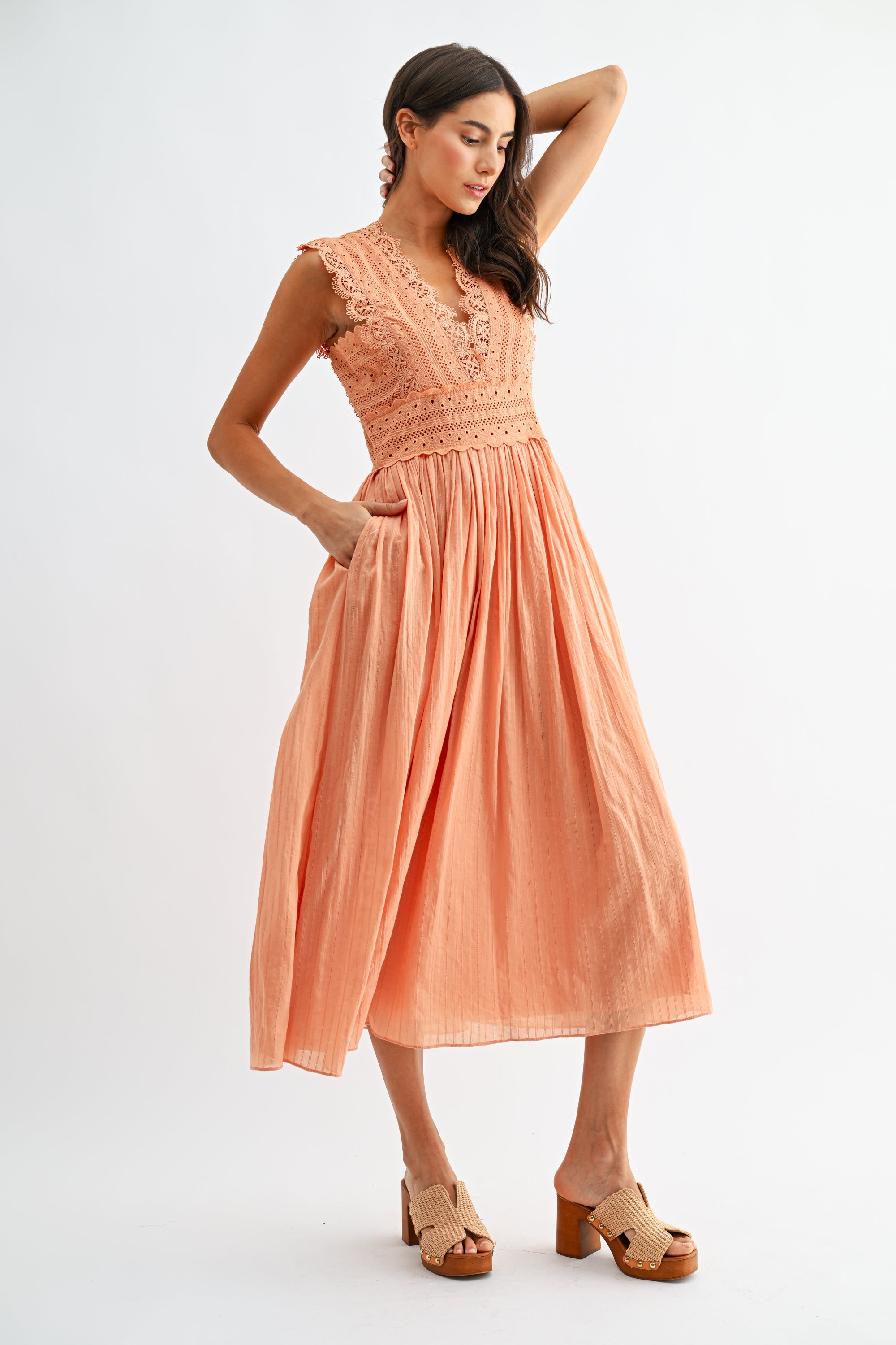 LACE V NECK EYELET DRESS