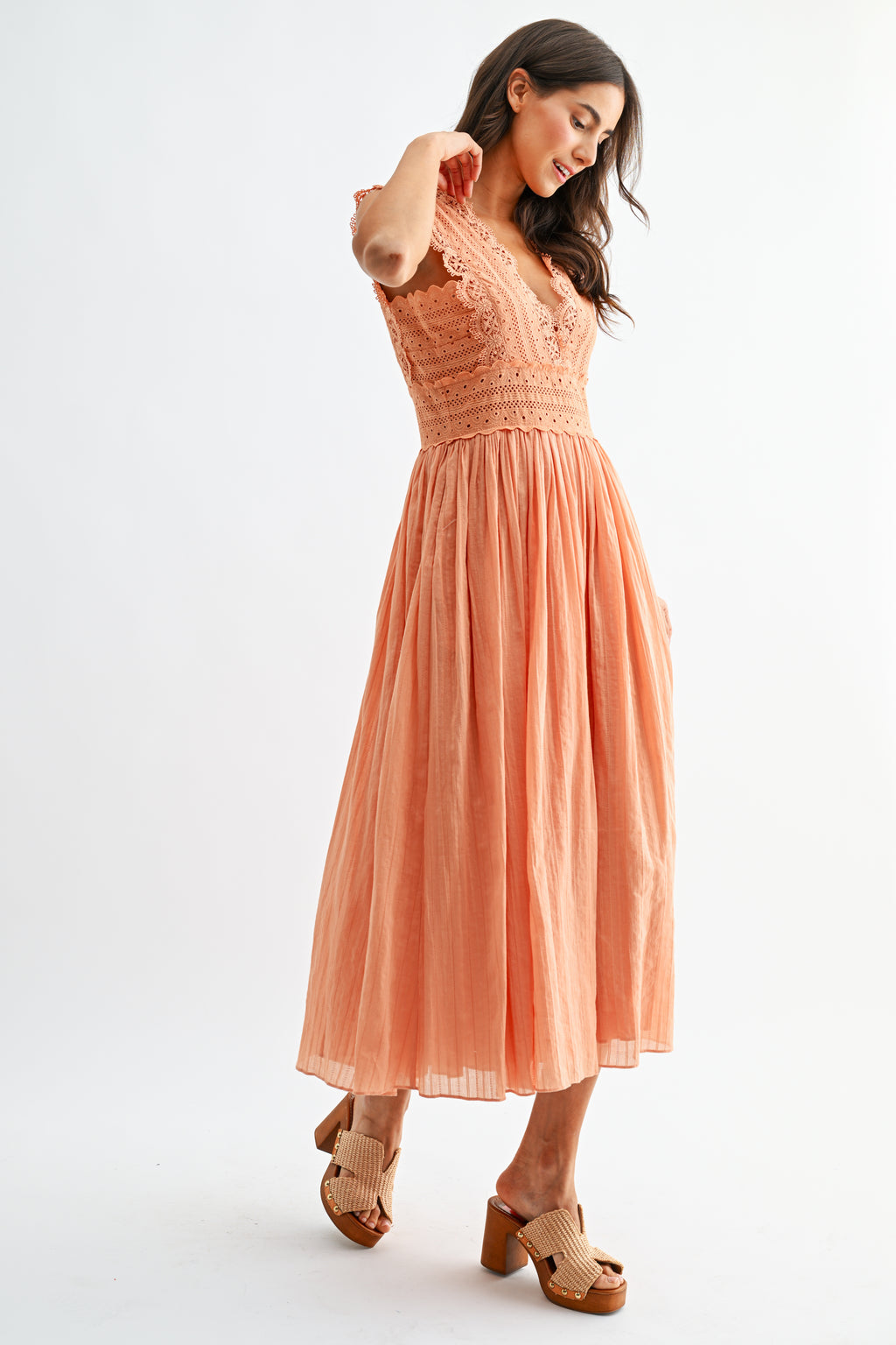 LACE V NECK EYELET DRESS