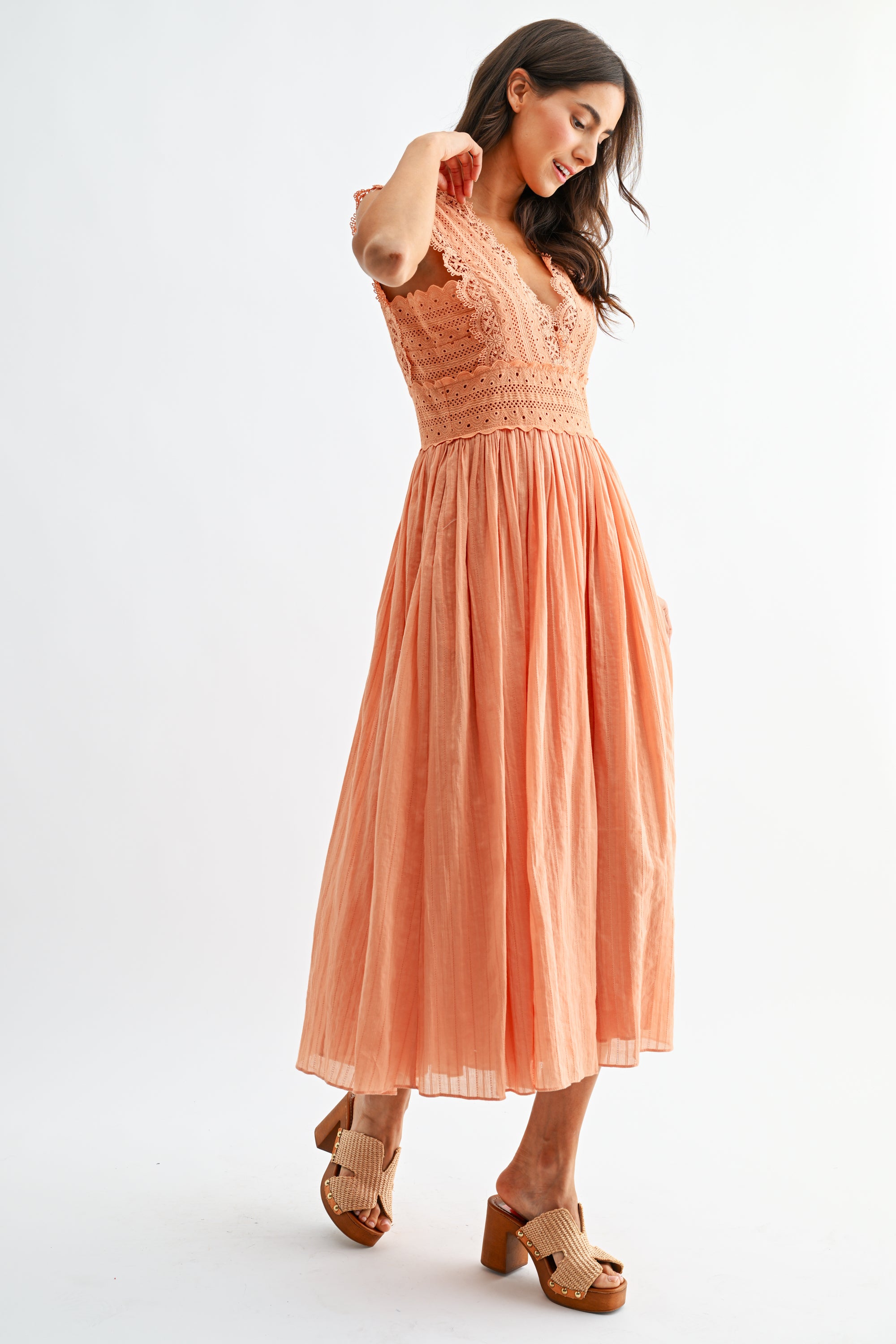 LACE V NECK EYELET DRESS