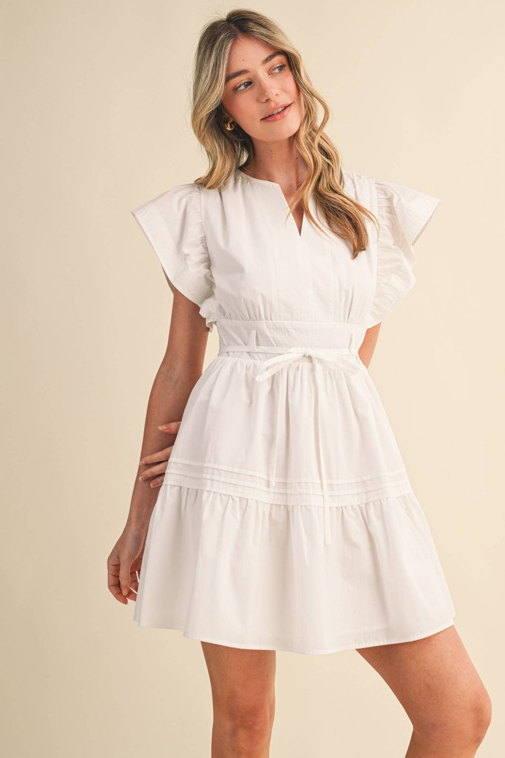 EMBROIDERED SEAM PIN TUCK DETAIL MINI DRESS