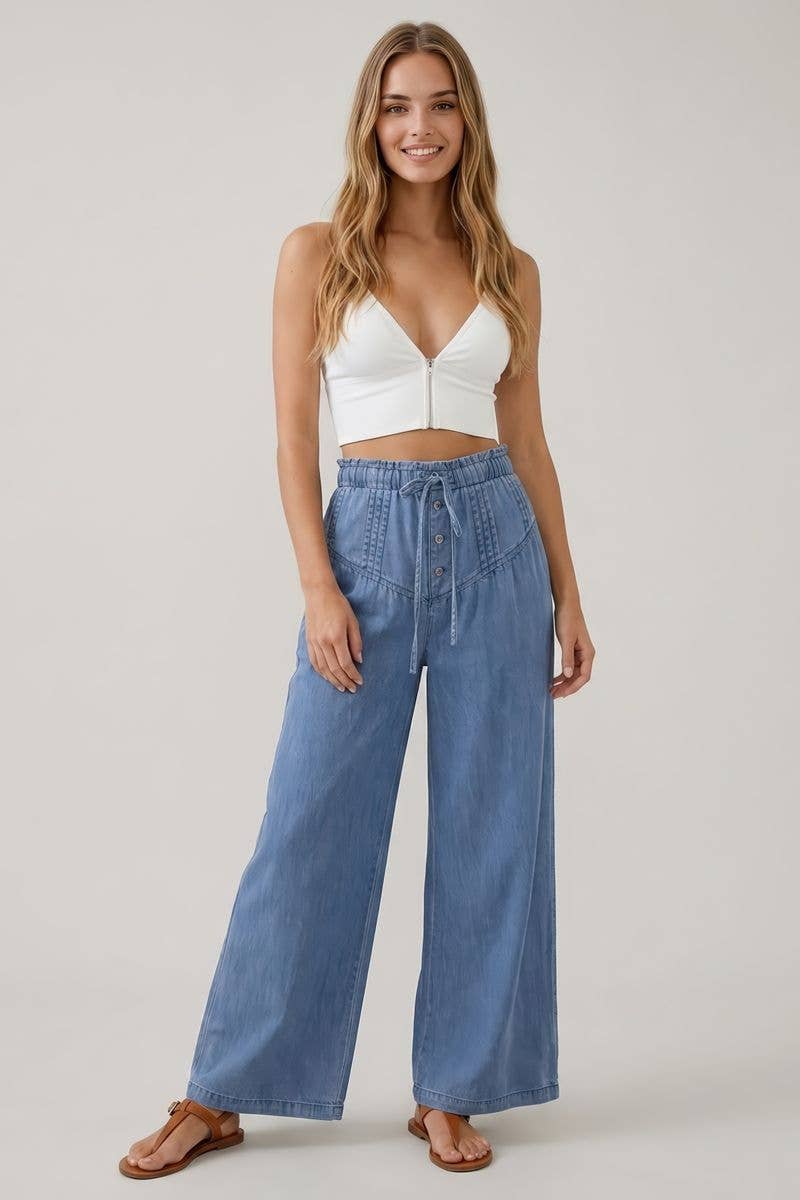 DENIM PLEATS DETAIL BUTTON CLOSURE WIDE LEG PANTS
