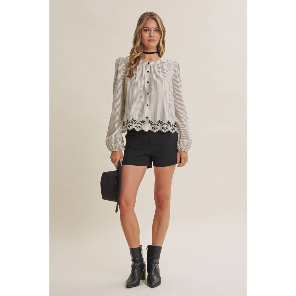 WORK TO WEEKEND CONTRAST EMBROIDERED COTTON STRIPE BLOUSE