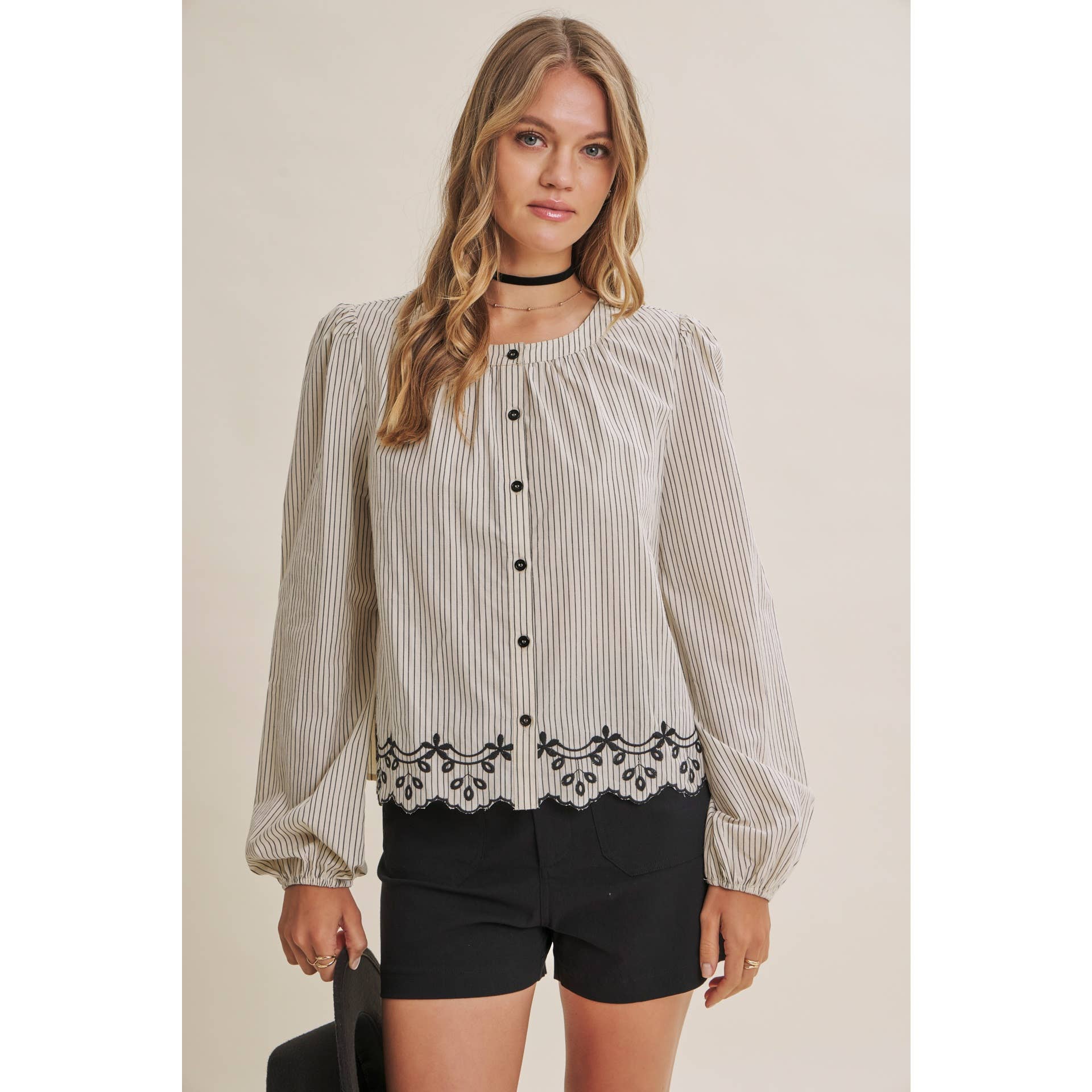 WORK TO WEEKEND CONTRAST EMBROIDERED COTTON STRIPE BLOUSE