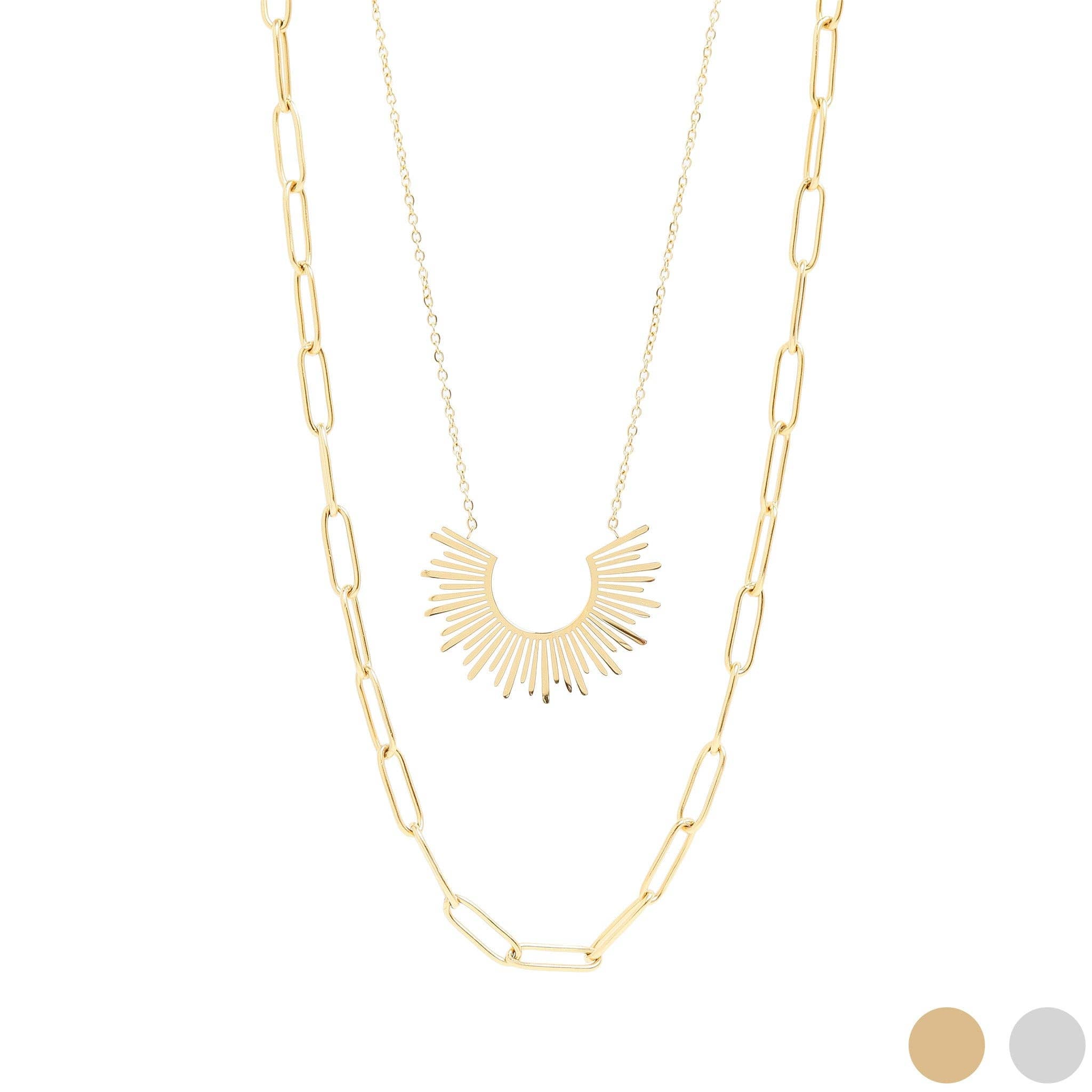 18K Gold PVD Layered Paperclip and Loop Chain Charm Necklace