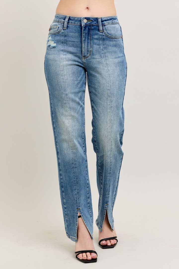 High Waisted Vintage Wash Front Seam & Slit Straight