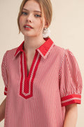 STRIPED CONTRAST BINDING COLLARED TOP