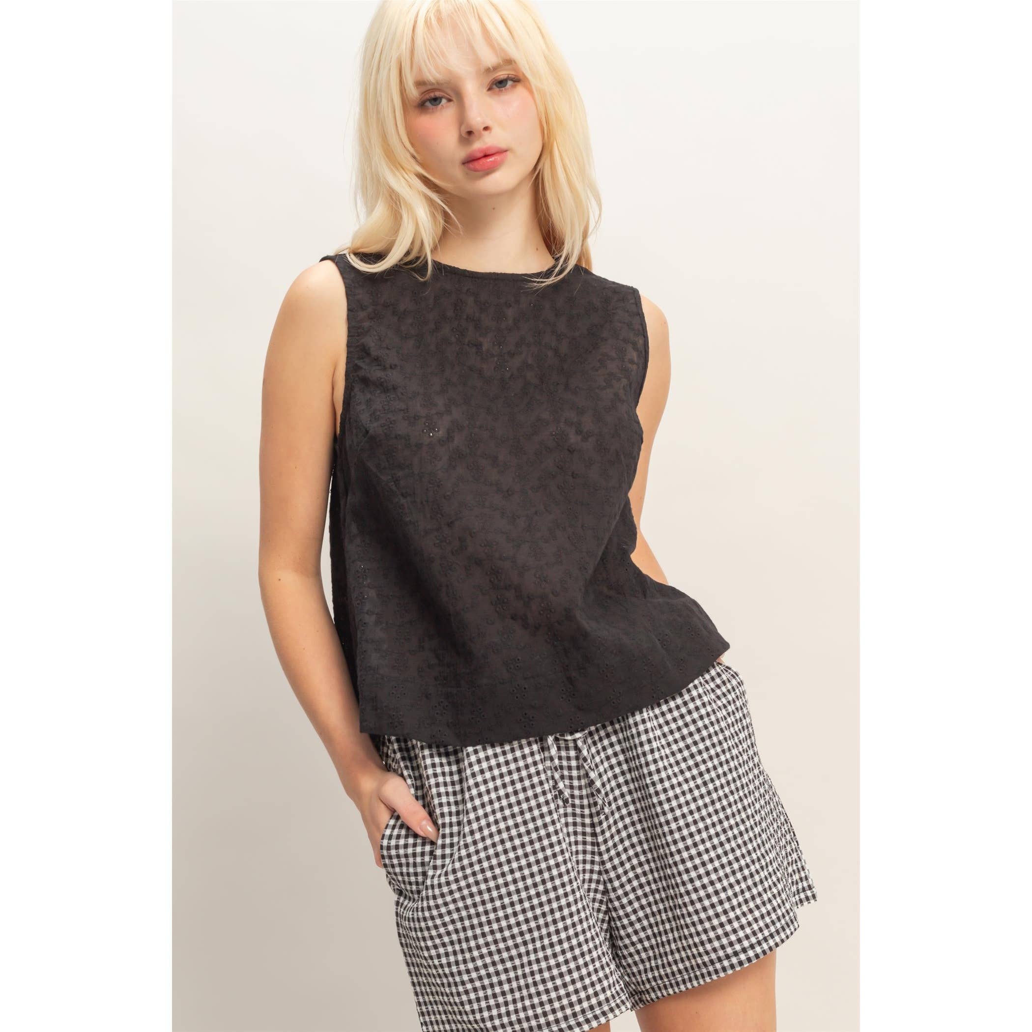 Eyelet Sleeveless Top With Back Buttons