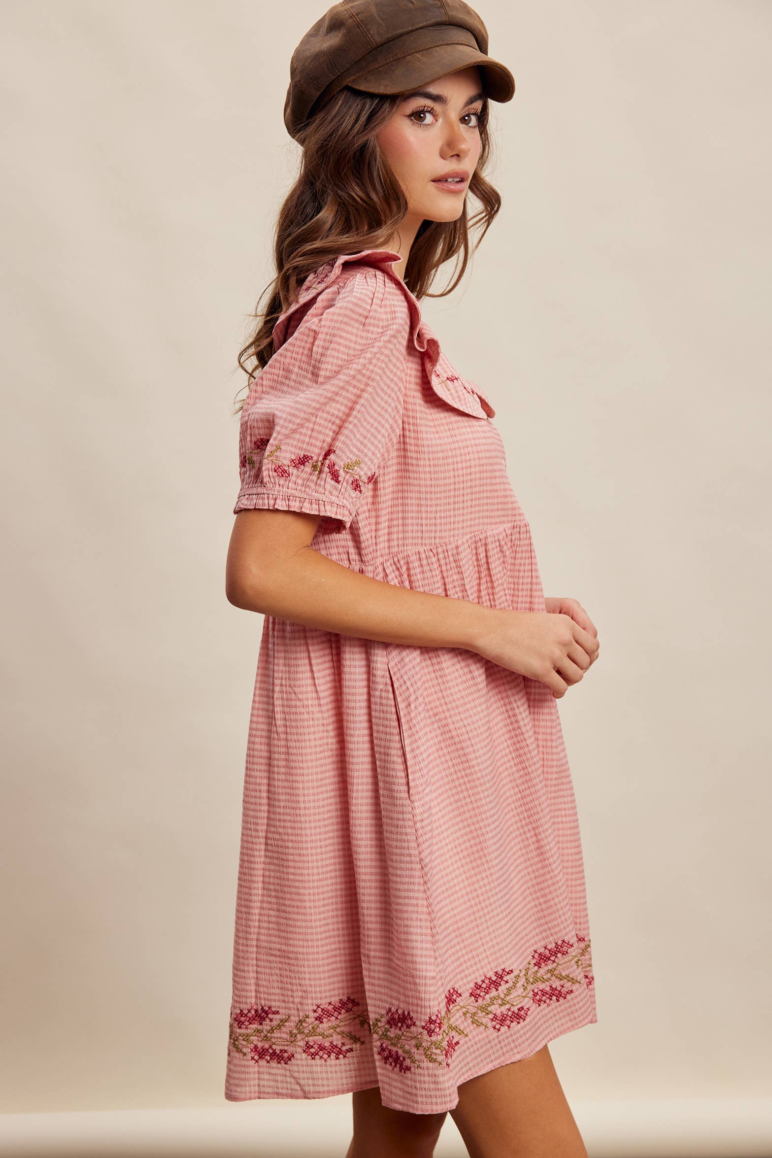 Pink Gingham Embroidered Babydoll Dress
