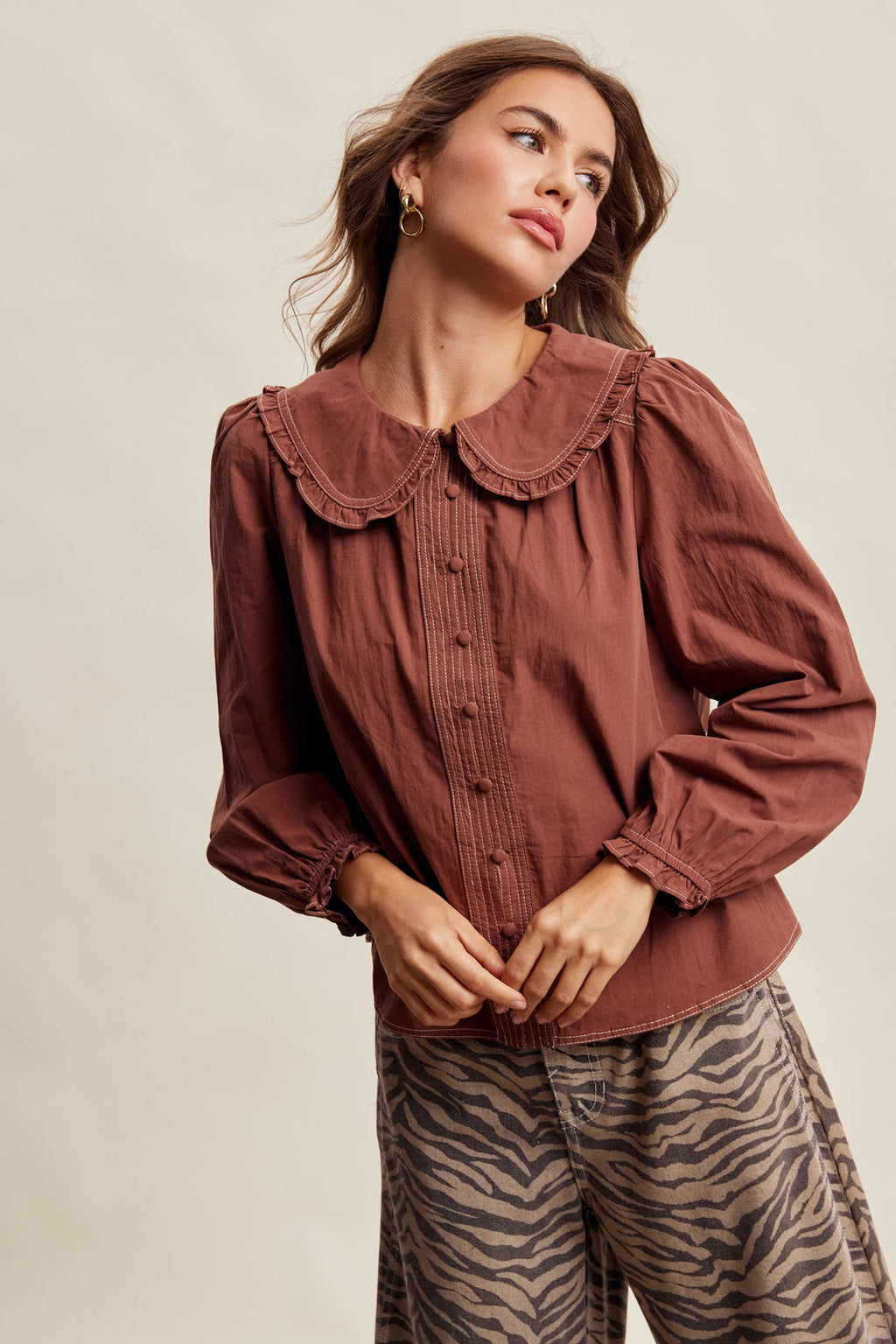 Contrast Stitch Ruffle Collar Cotton Blouse