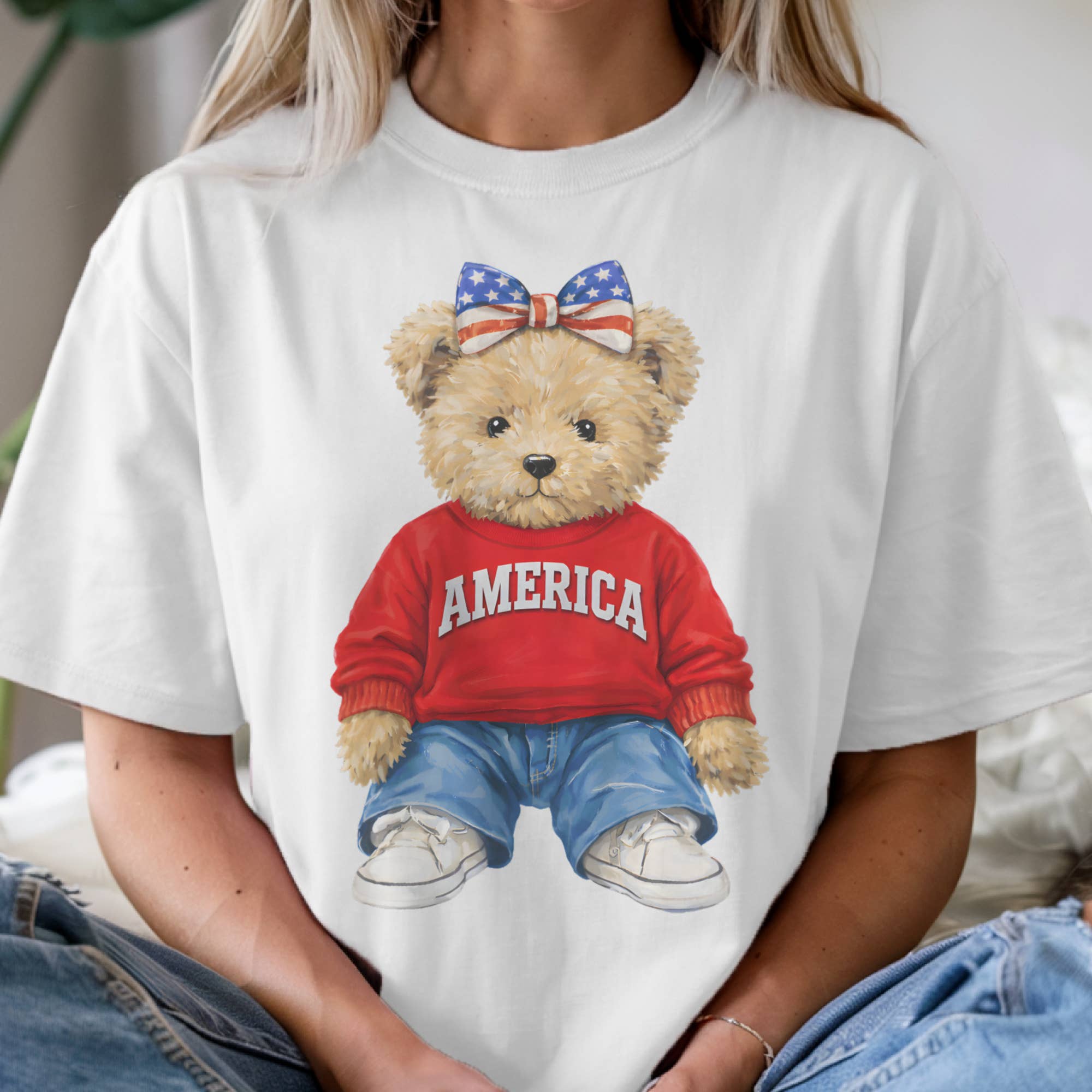 USA Preppy America Teddy Bear 4th of July Graphic Tee