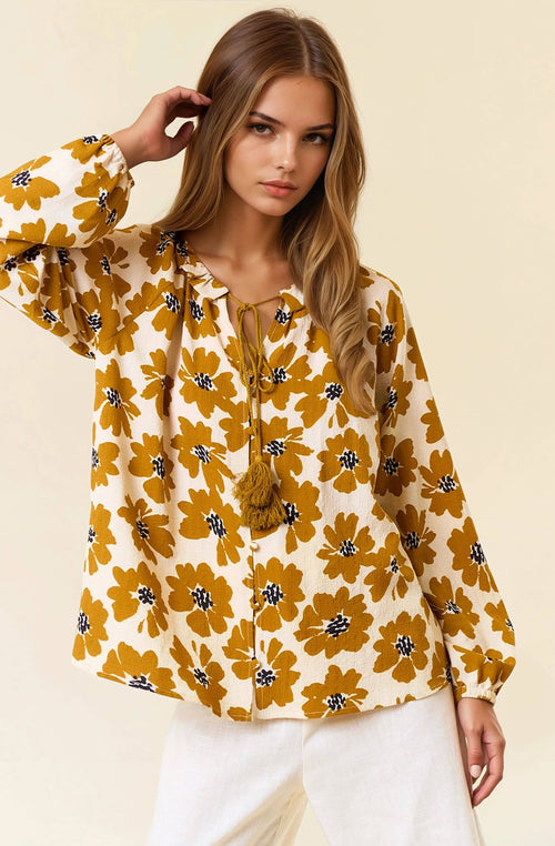 Mustard Floral Tassel-Tie Long Sleeve Blouse