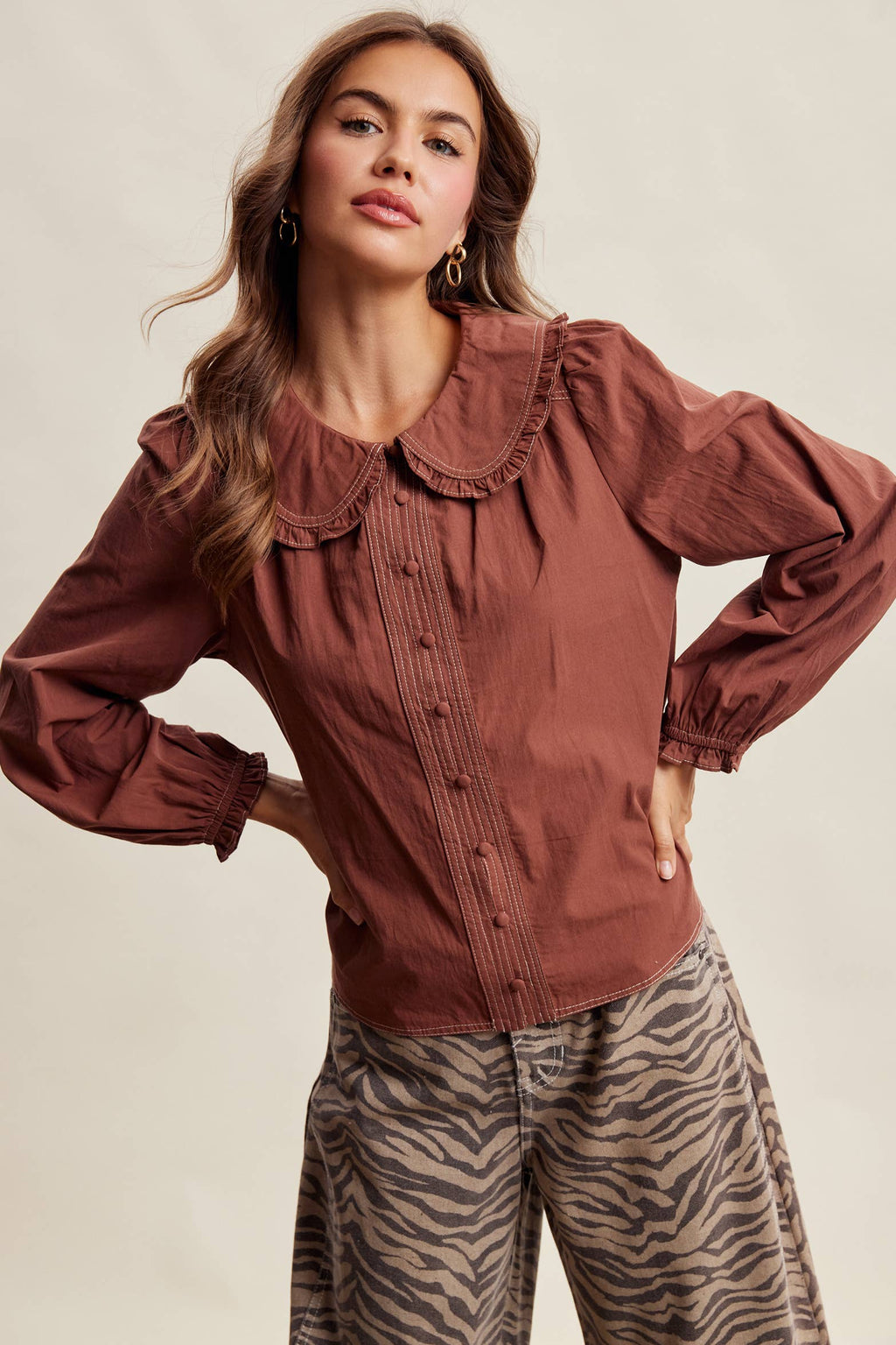 Contrast Stitch Ruffle Collar Cotton Blouse