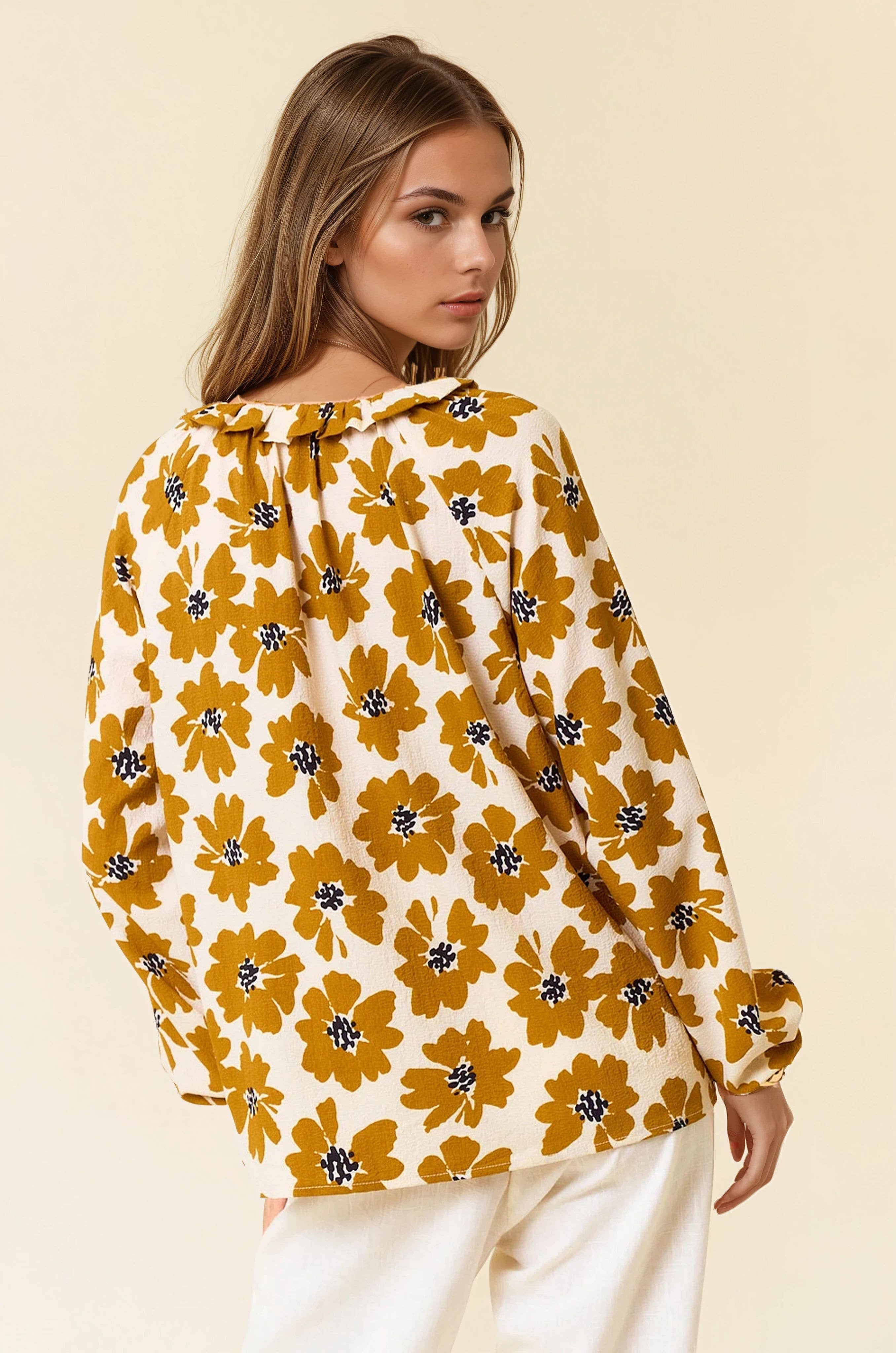 Floral Print Button Down Long Sleeve Blouse