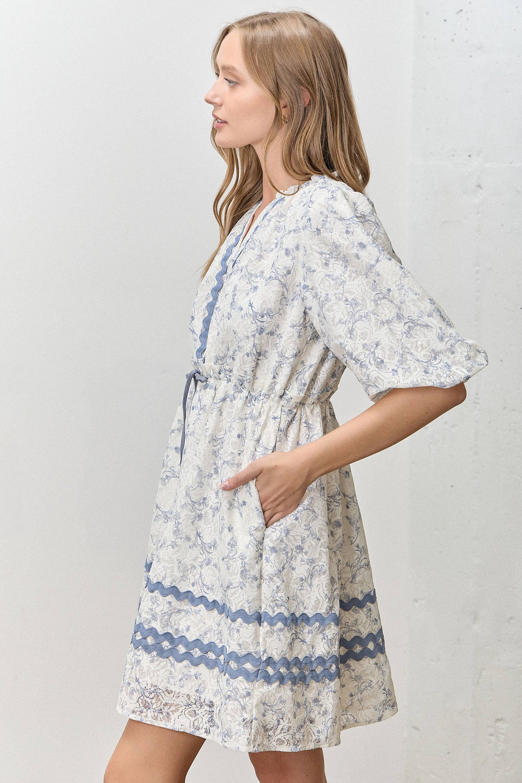 Blue Floral Lace Trim Babydoll Dress