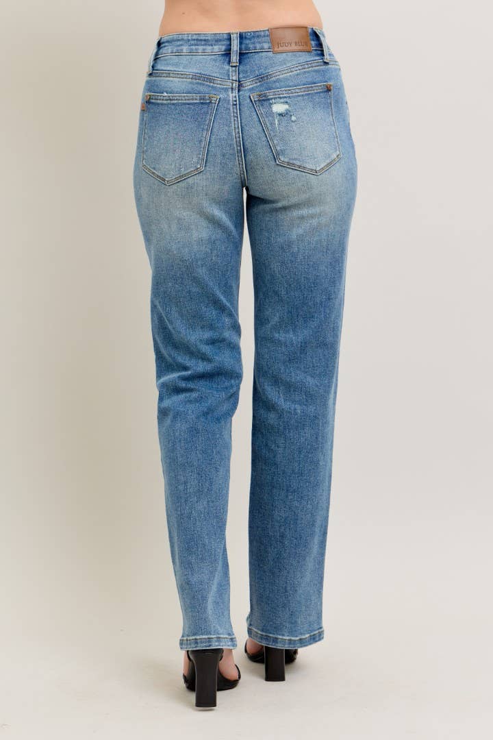 High Waisted Vintage Wash Front Seam & Slit Straight