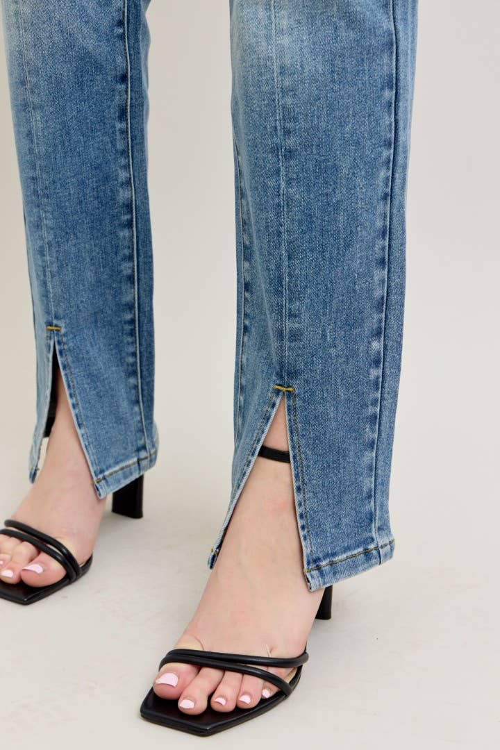 High Waisted Vintage Wash Front Seam & Slit Straight