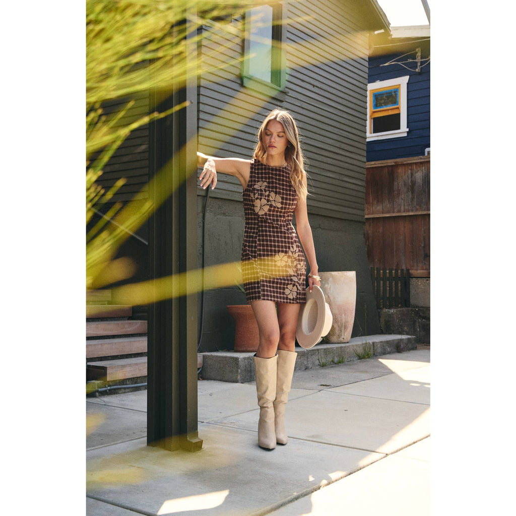 COUNTRYSIDE NOSTALGIA EMBROIDERED PLAID FITTED MINI DRESS