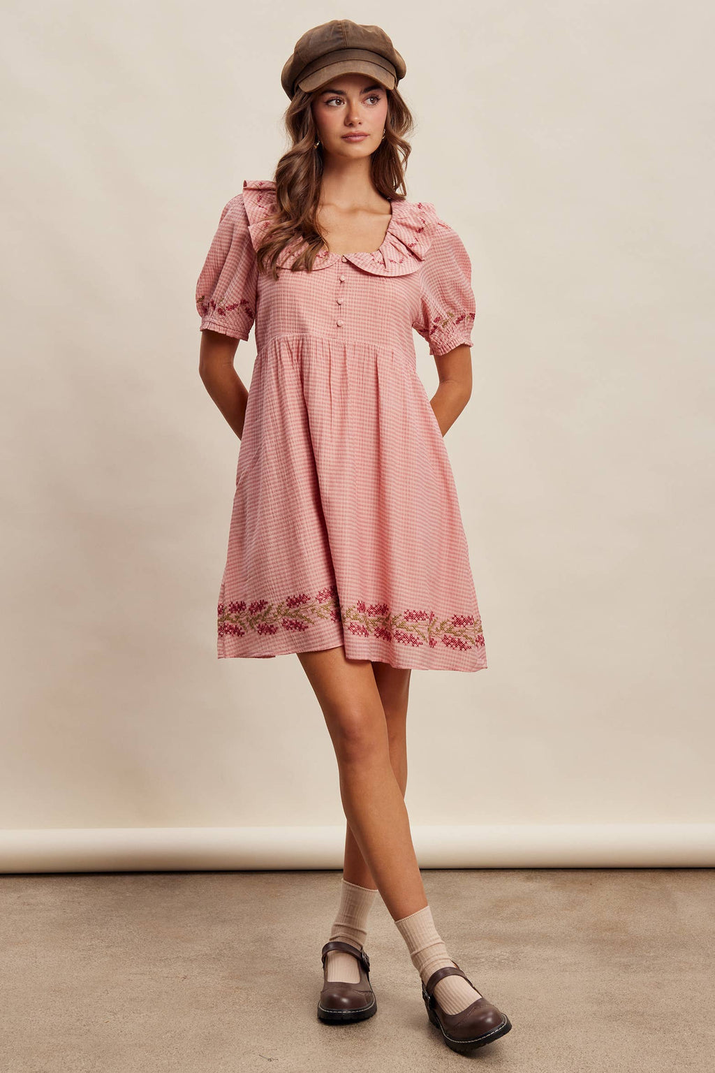 Pink Gingham Embroidered Babydoll Dress