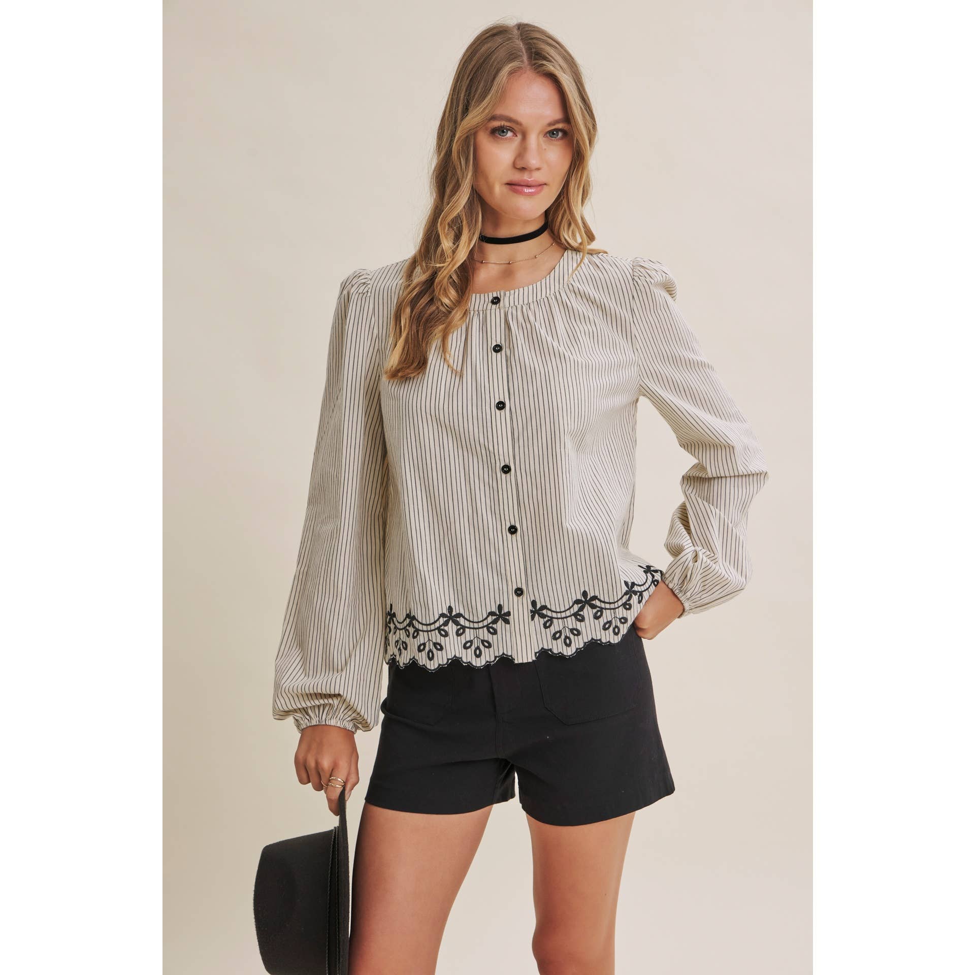 WORK TO WEEKEND CONTRAST EMBROIDERED COTTON STRIPE BLOUSE