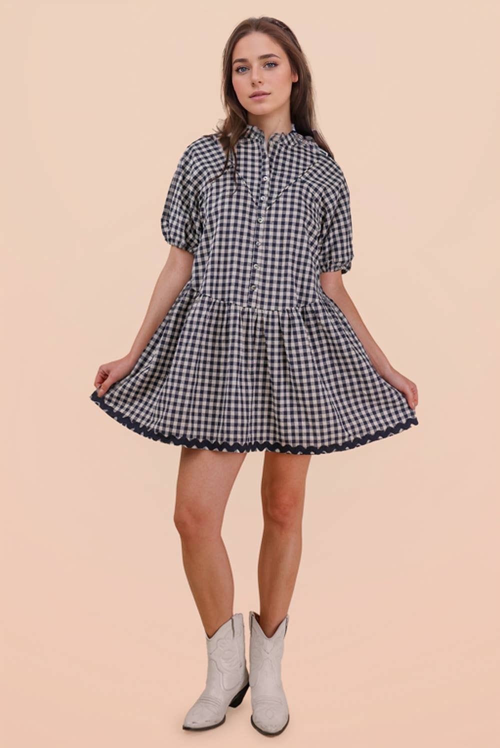 ND32032-Checkered Half Button Down Mini Dress