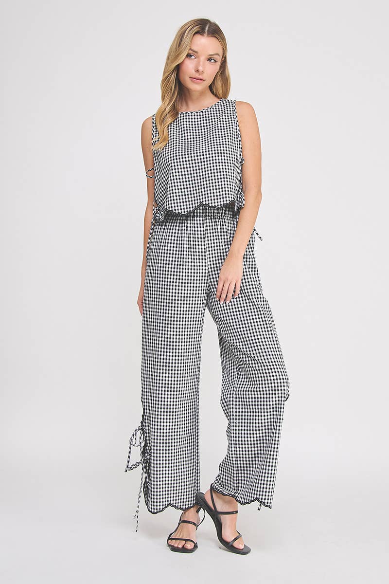 Woven Gingham Tank with Scallop Edges and Side Ties