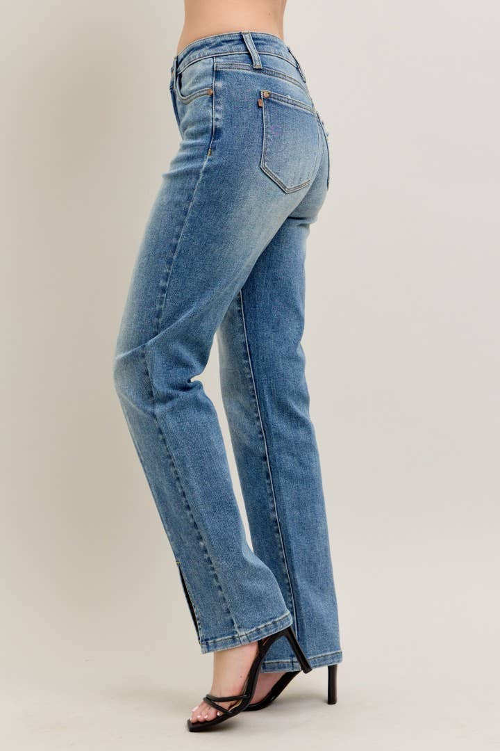 High Waisted Vintage Wash Front Seam & Slit Straight