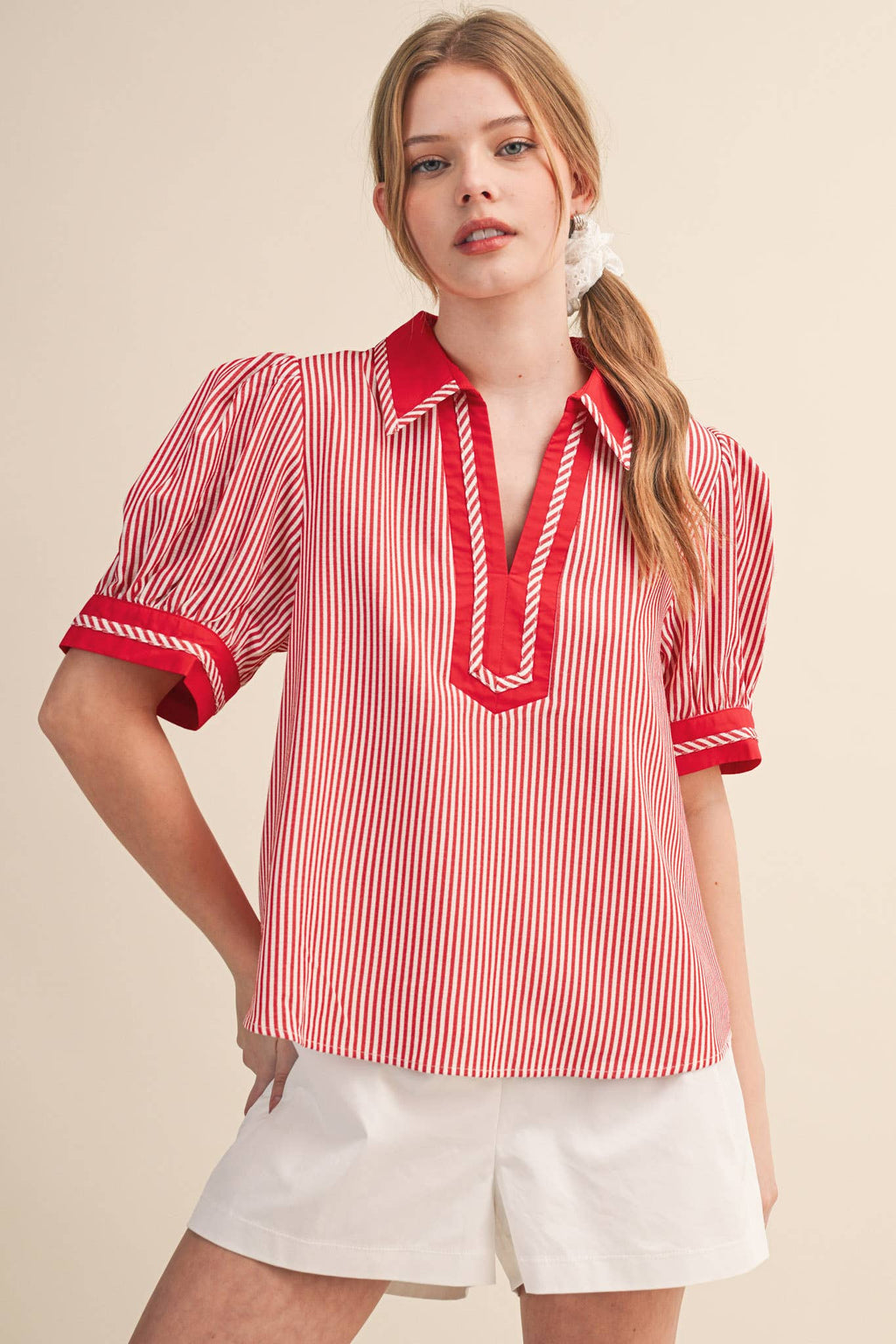 STRIPED CONTRAST BINDING COLLARED TOP