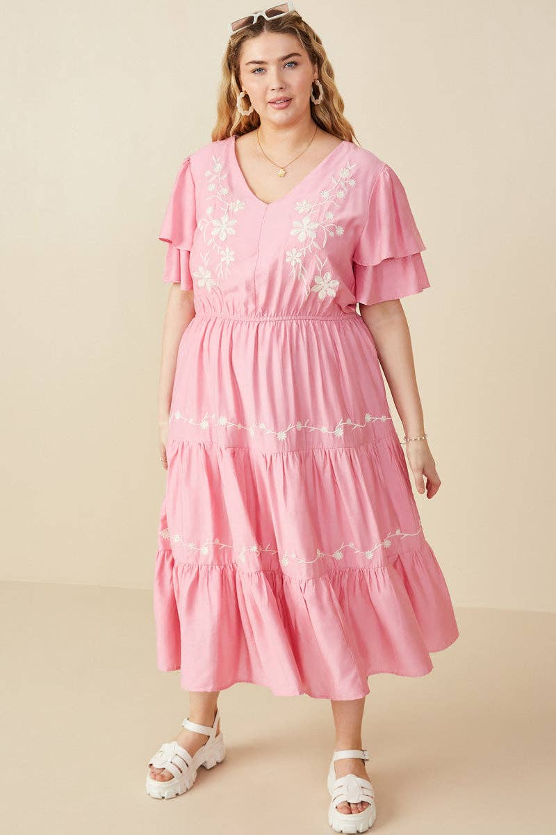 Womens Embroidered Ruffle Sleeve Tiered Dress