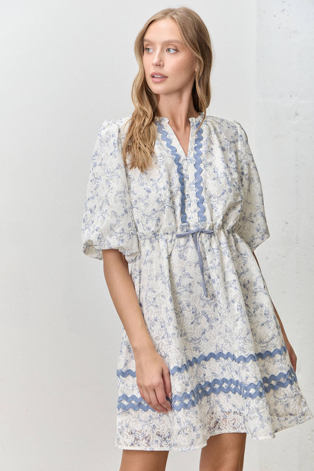 Blue Floral Lace Trim Babydoll Dress