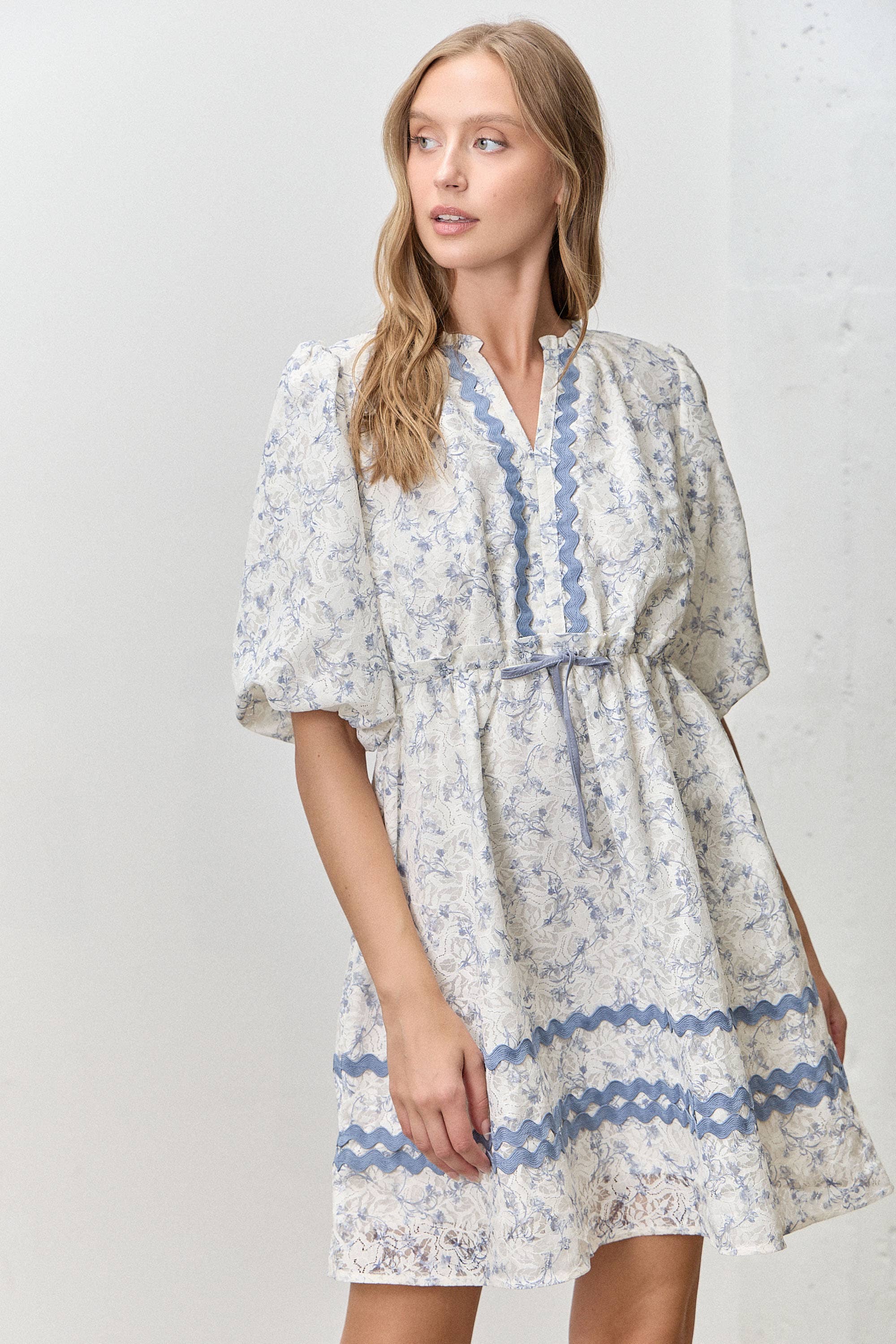 Blue Floral Lace Trim Babydoll Dress