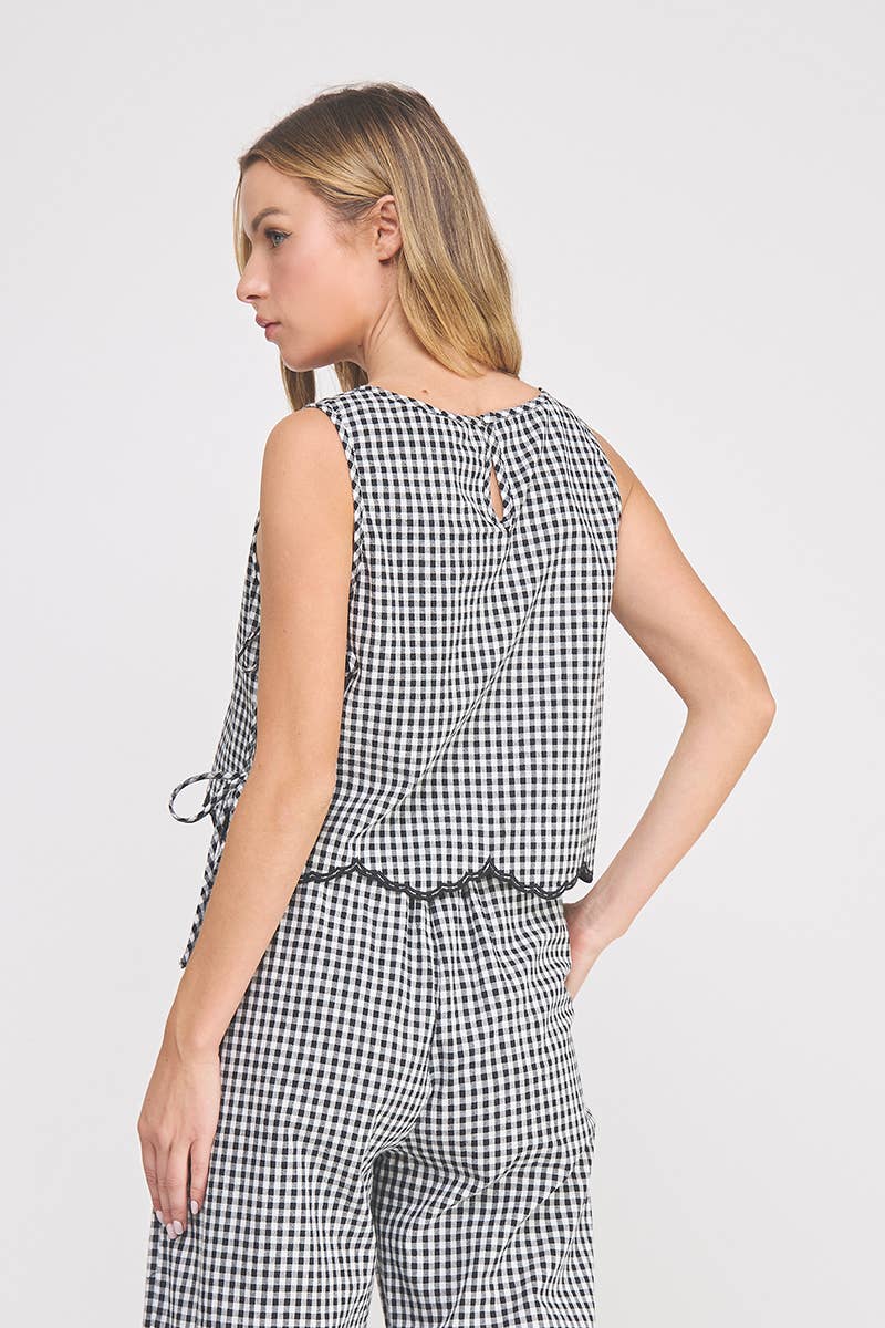 Woven Gingham Tank with Scallop Edges and Side Ties