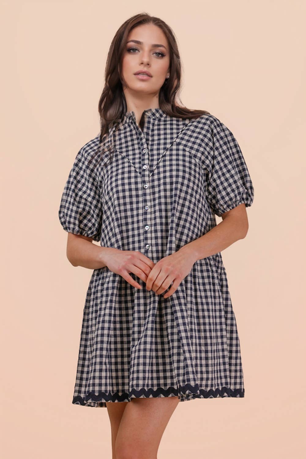 ND32032-Checkered Half Button Down Mini Dress