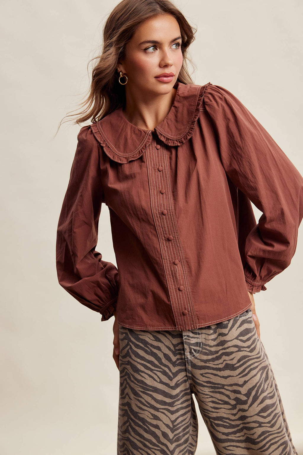 Contrast Stitch Ruffle Collar Cotton Blouse